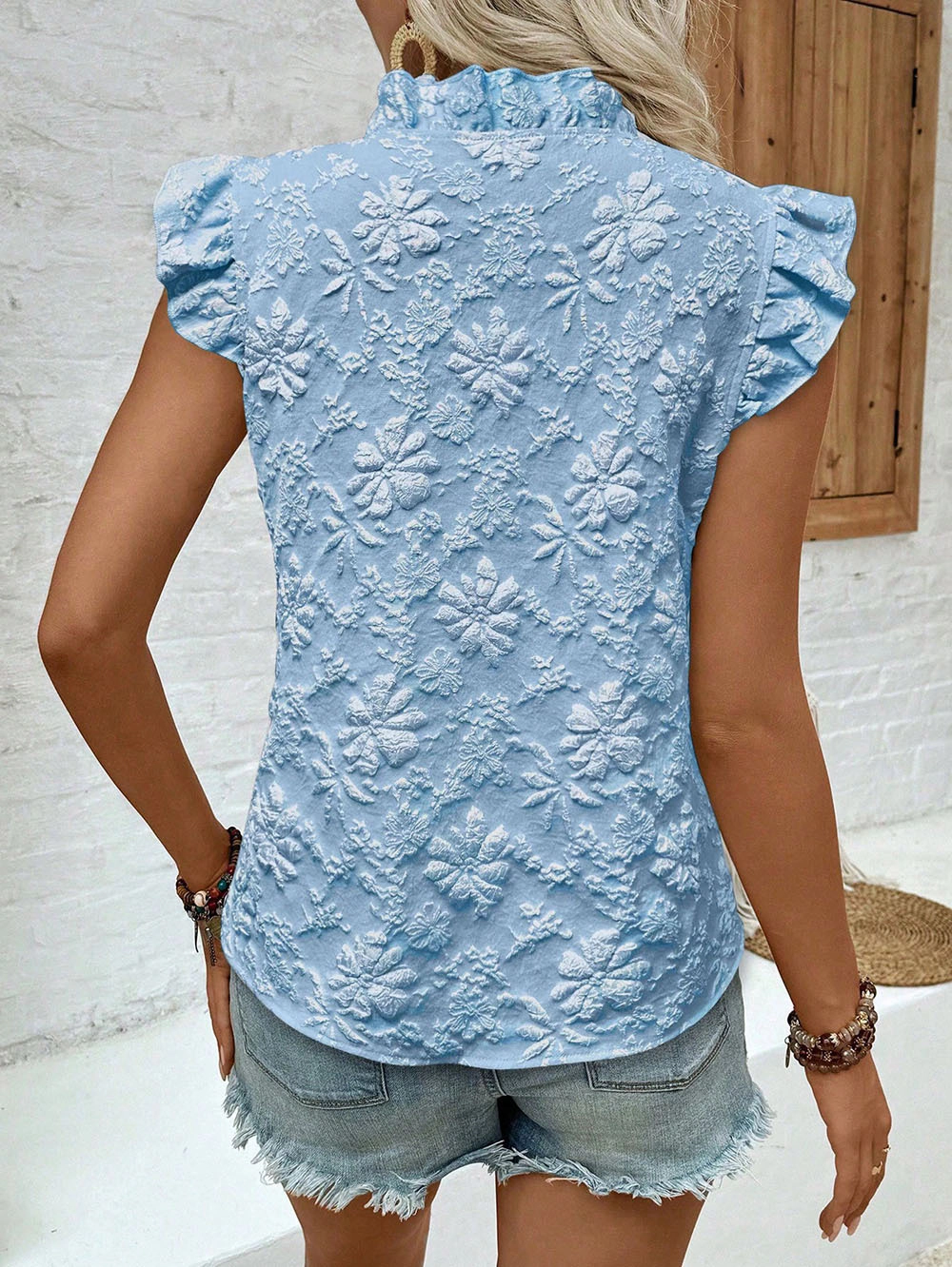 Enchanted Funland Womens Floral Jacquard Ruffle Cap Sleeve Collar Casual Tops