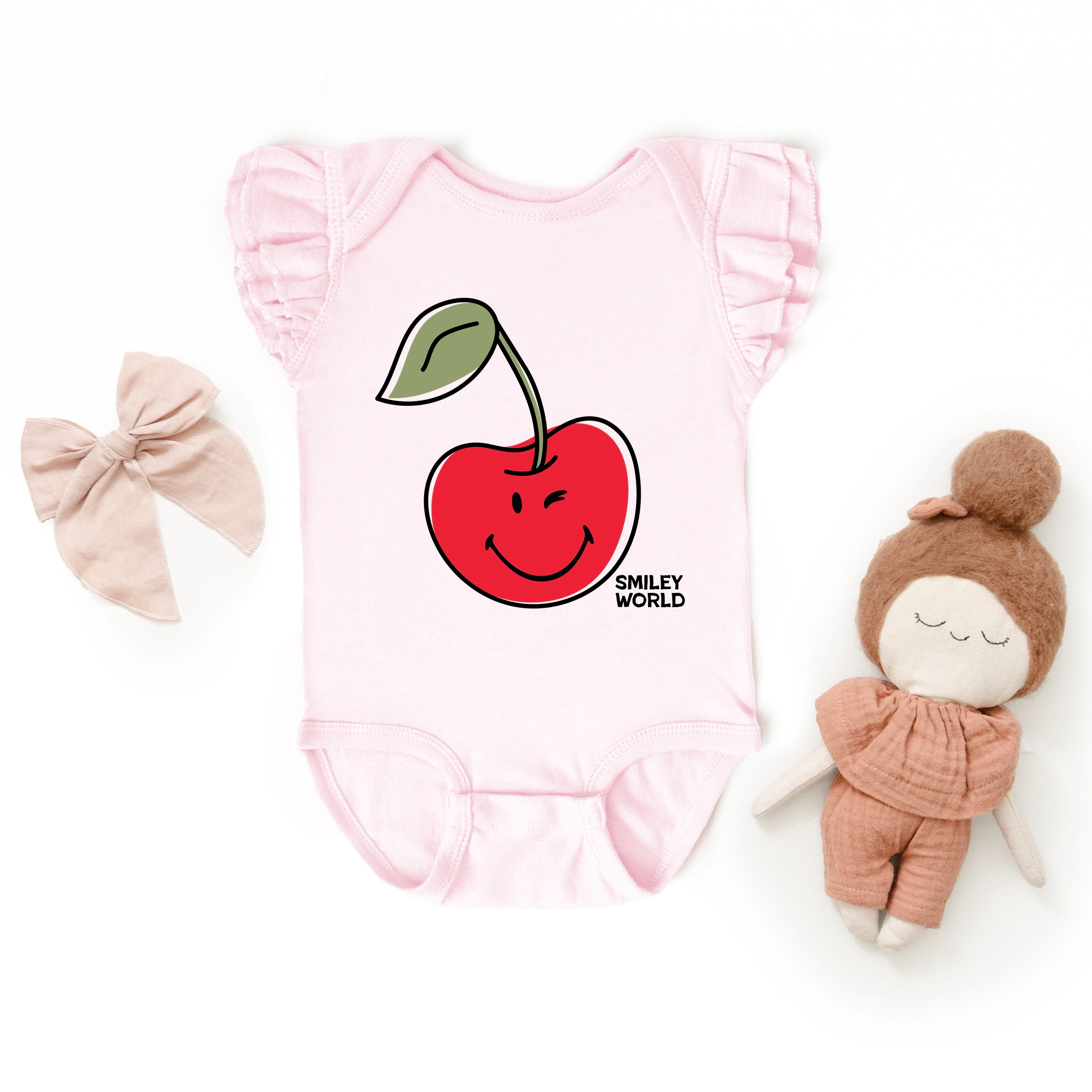 The Juniper Shop - Infant Girl's Flutter Sleeve Bodysuit SmileyWorld Winky Cherry