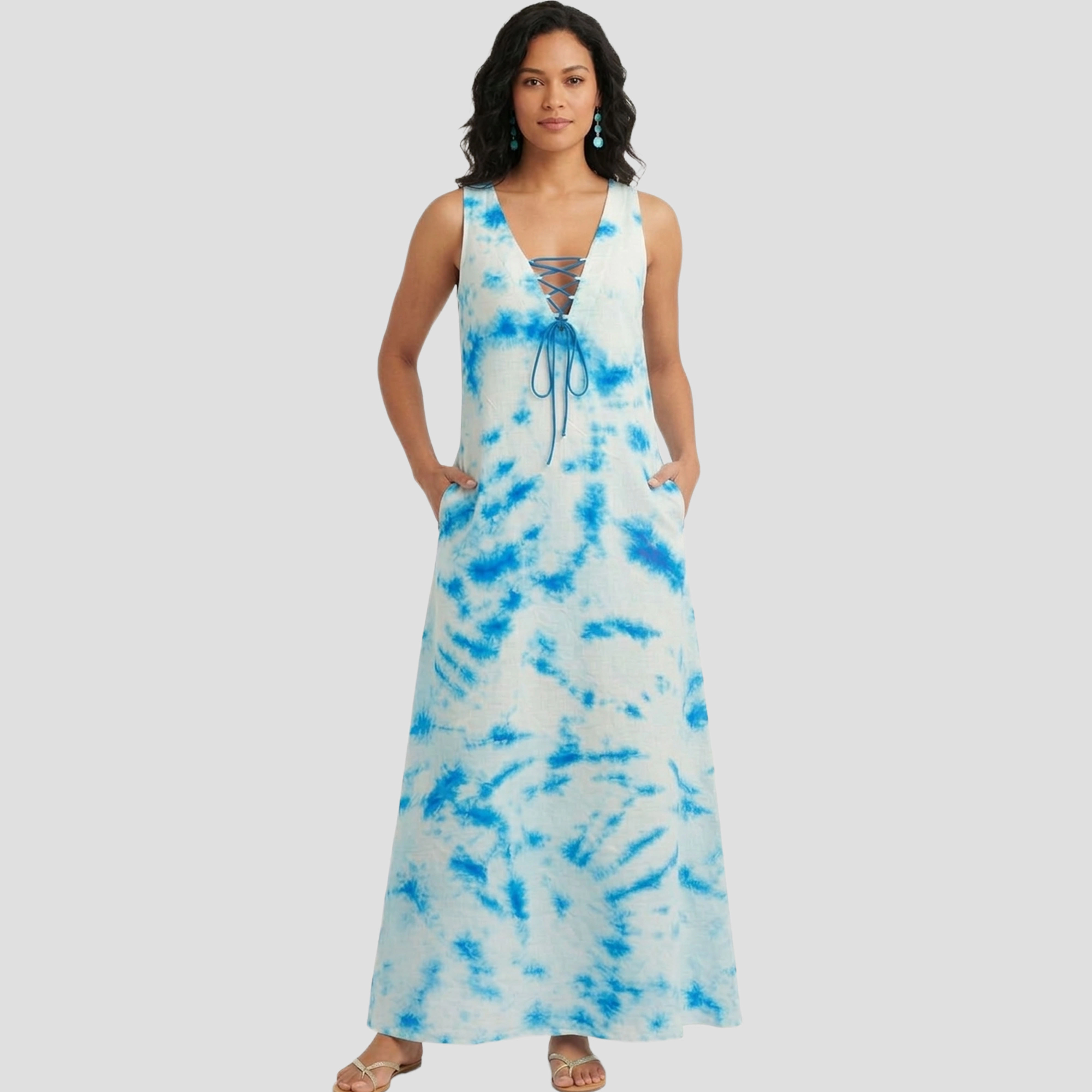 Artyska Women’s Sleeveless Maxi Dress with Lace-Up Front & Pockets