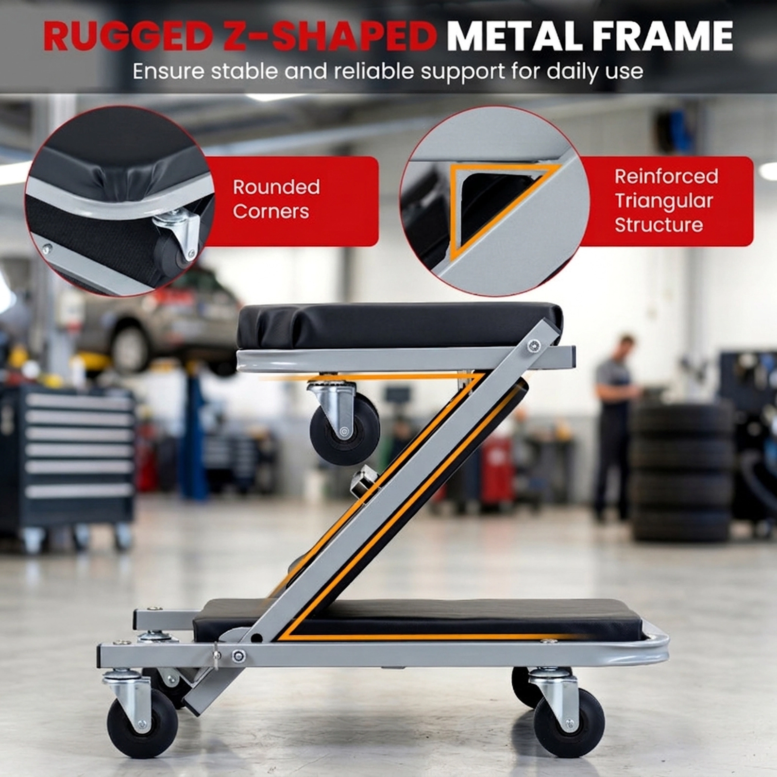SUGIFT 2-in-1 Convertible Z-Seat Metal Frame Mechanic Creeper 40-in x 17-in x 5.5-in 330-lb Capacity 6 Casters Black