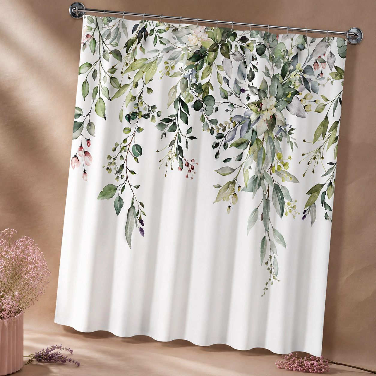WZK Watercolor Eucalyptus Leaves Waterproof Fabric Rustproof Grommets Machine Washable Bathroom Shower Curtain