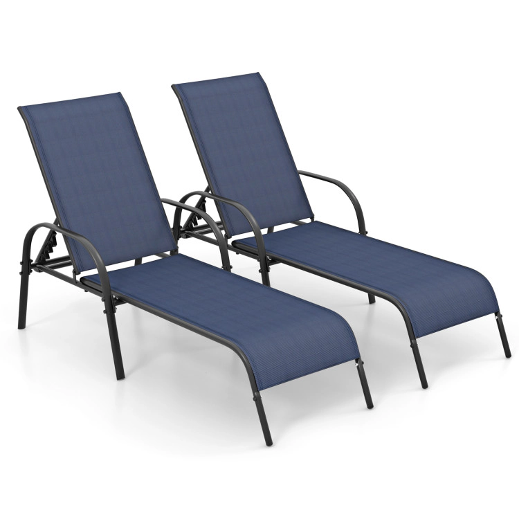 Hivvago 2 Pcs Outdoor Patio Lounge Chair Chaise Fabric With Adjustable Reclining Armrest-Navy