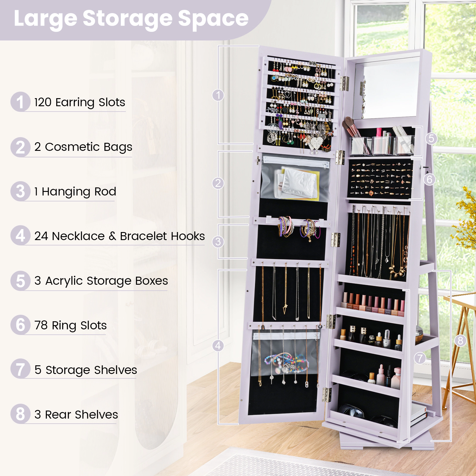 SUGIFT 360° Rotatable 2-in-1 Lockable Jewelry Cabinet with Full-Length 63.5-in Mirror 48-lb P2 MDF Organizer Purple