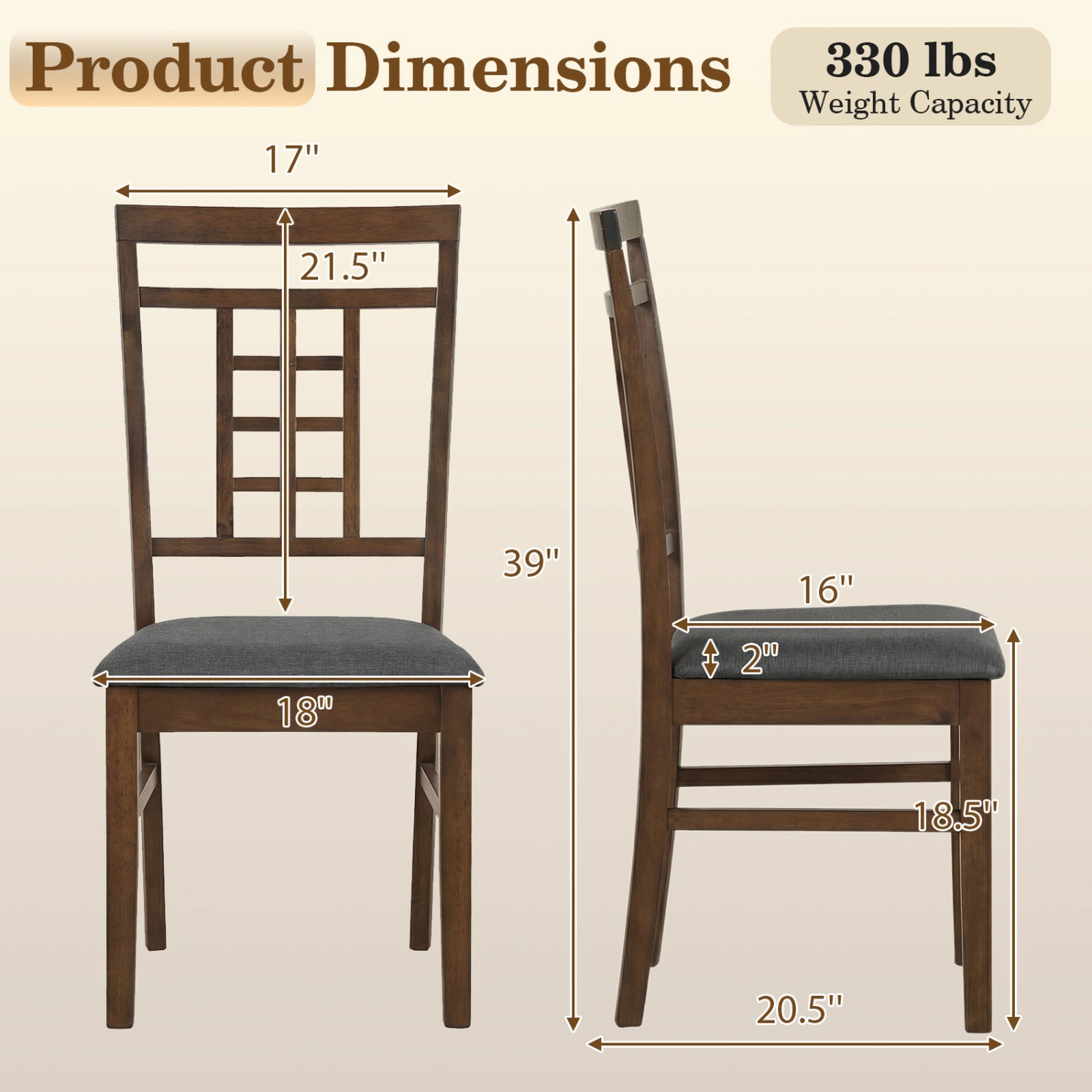 SUGIFT Set of 4 Brown Farmhouse Dining Chairs, Rubber Wood, Lattice Back, Armless