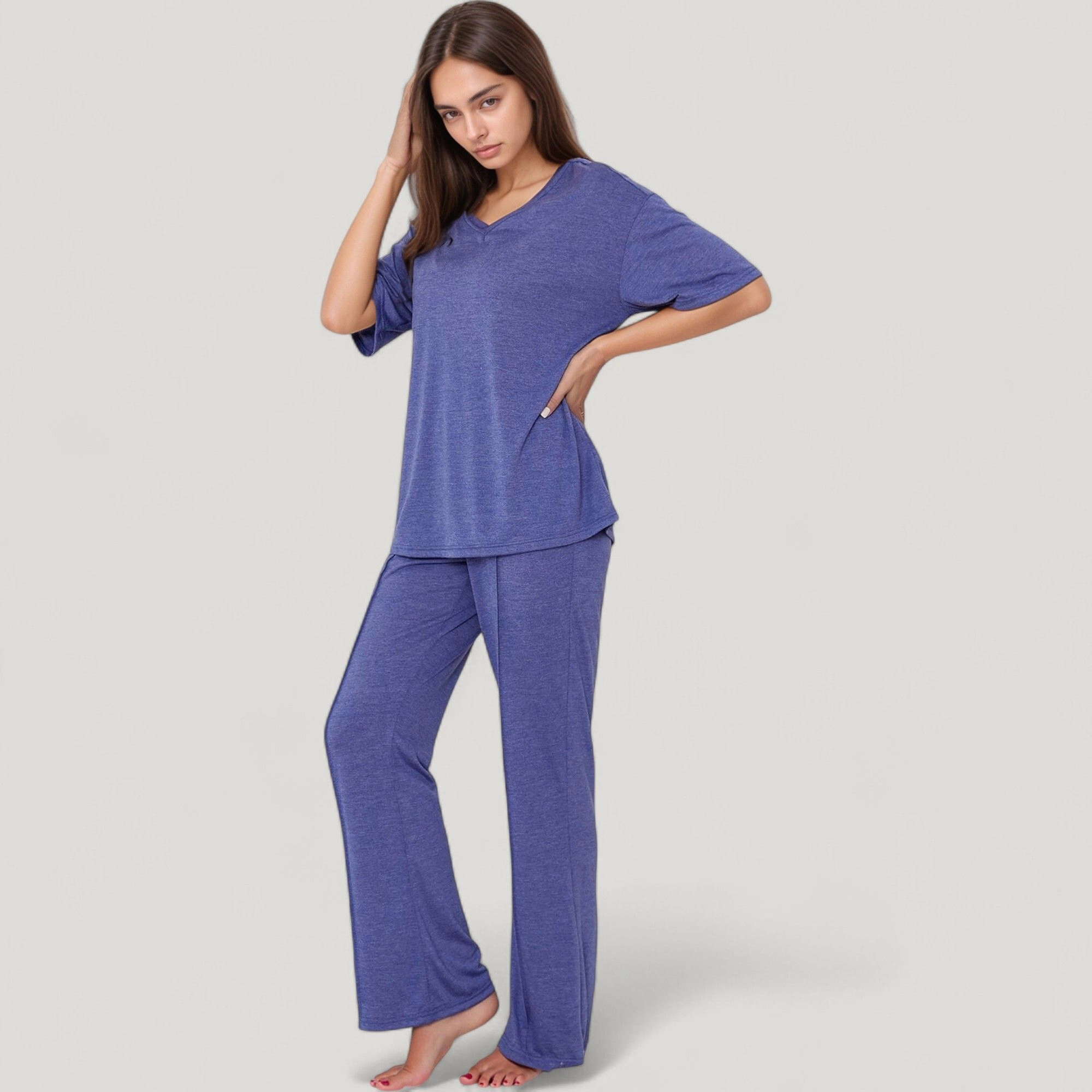 Anna-Kaci Women's Short Sleeve V-Neck Pajama Set with Relaxed Fit Knit Top and Wide Leg Lounge Pants