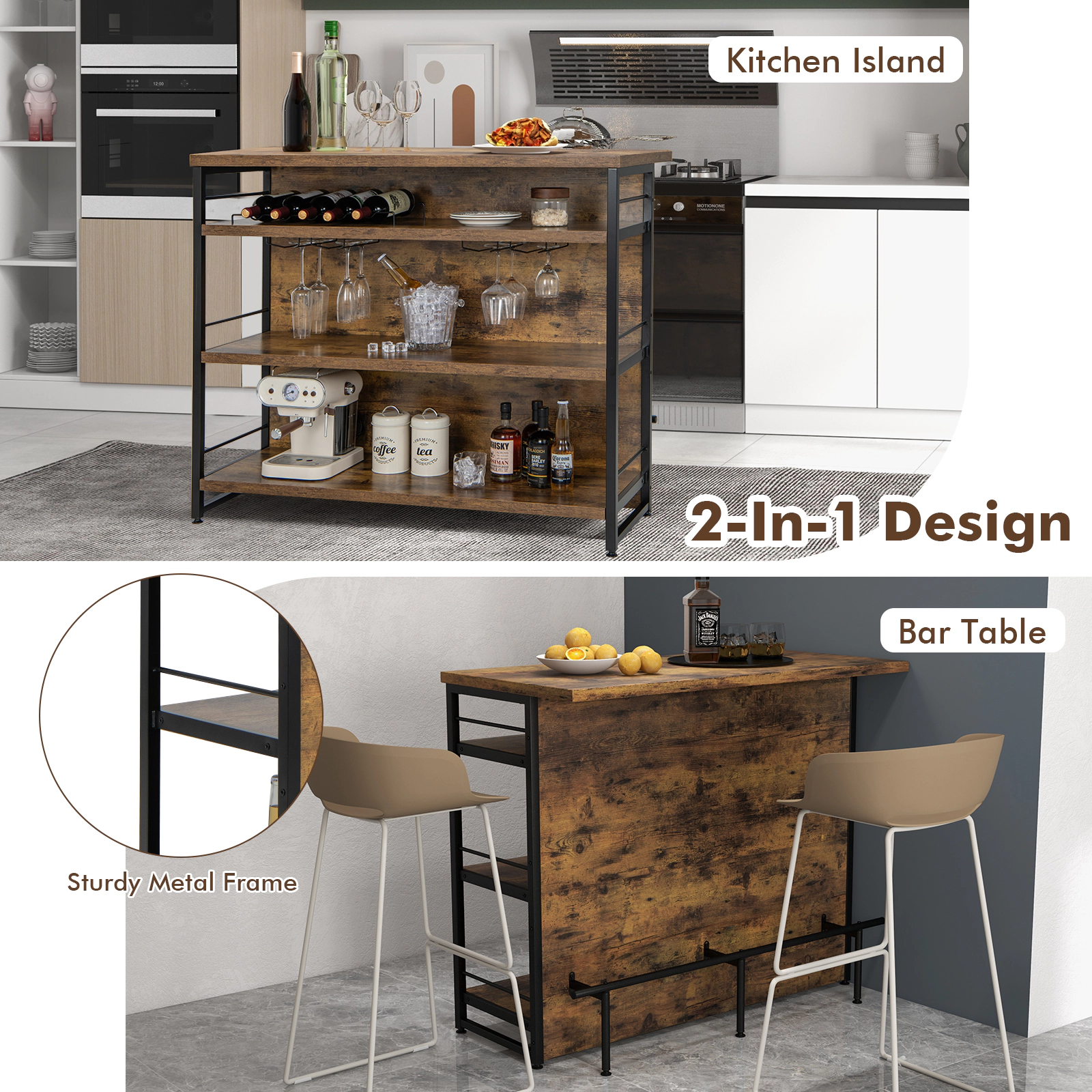SUGIFT Kitchen Island 4-Tier Storage Shelf & Long Footrest 150-lb Tabletop Capacity 60-lb Shelves Rustic Brown/Black