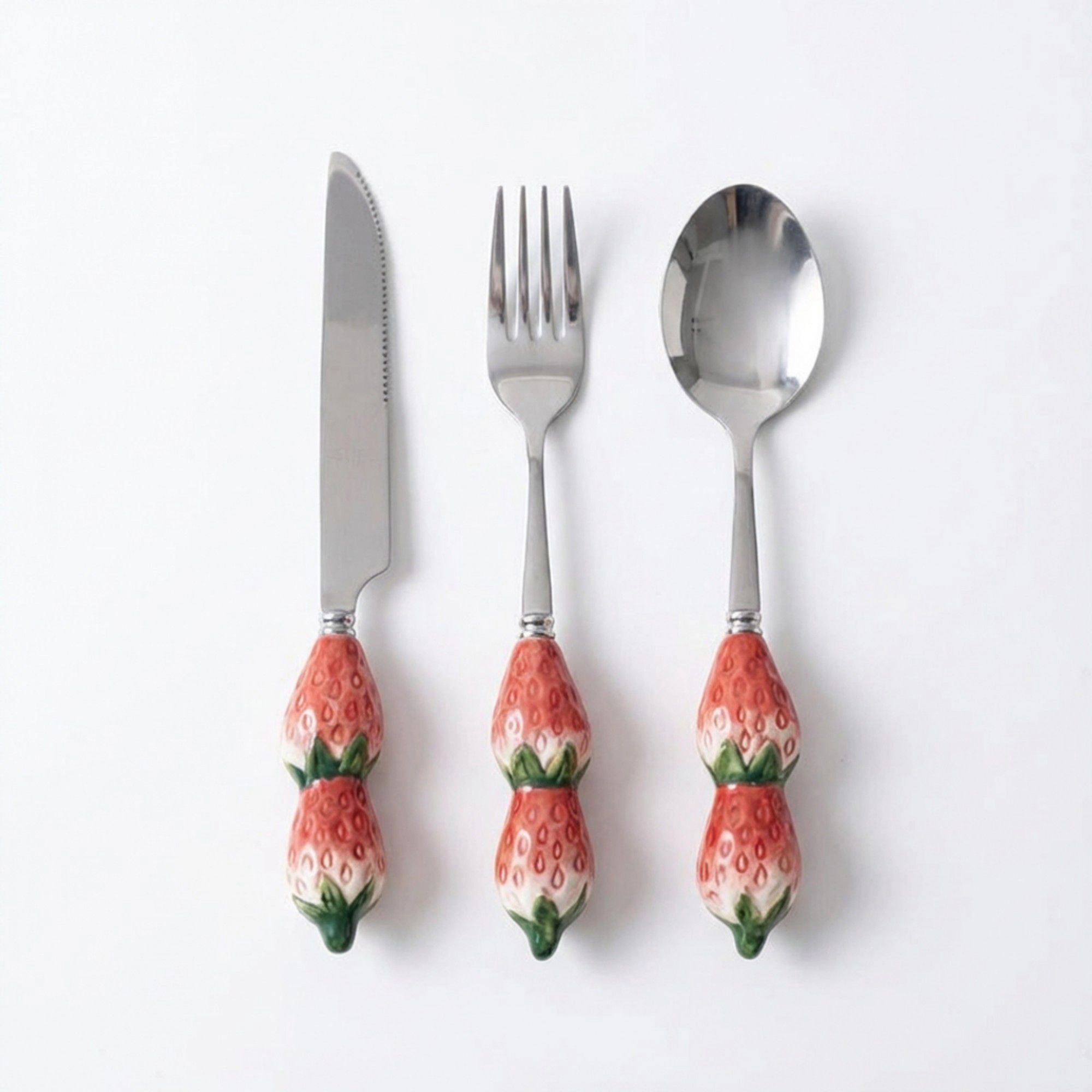 Alilang Unisex Strawberry Handle Flatware 3 Piece Set with Decorative Sculpted Design and Polished Metal Utensils