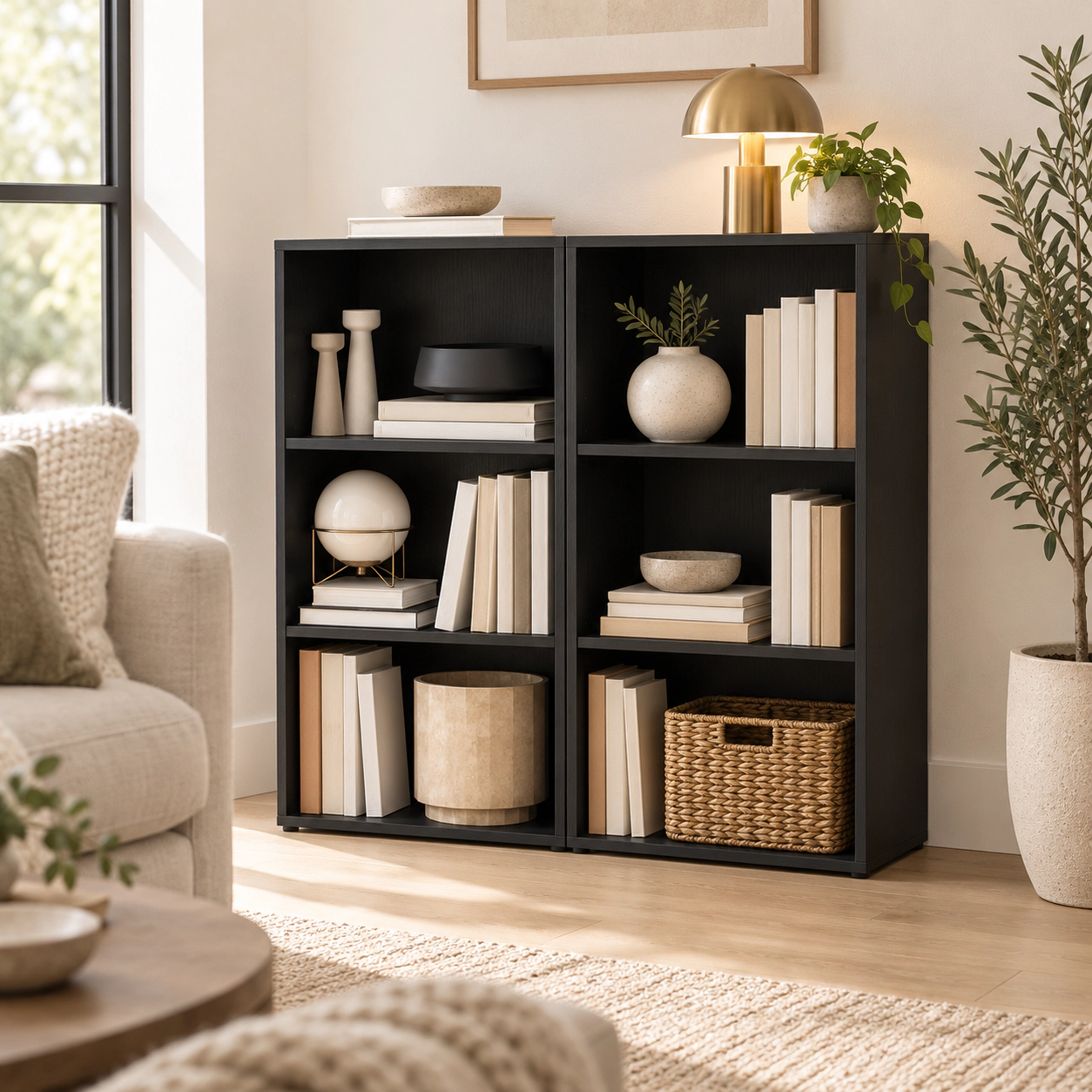 SUGIFT Set of 2 3-Tier Adjustable Shelves Engineered Wood Cube Bookcases 16.5-in x 11.5-in x 31.5-in 66-lb Black