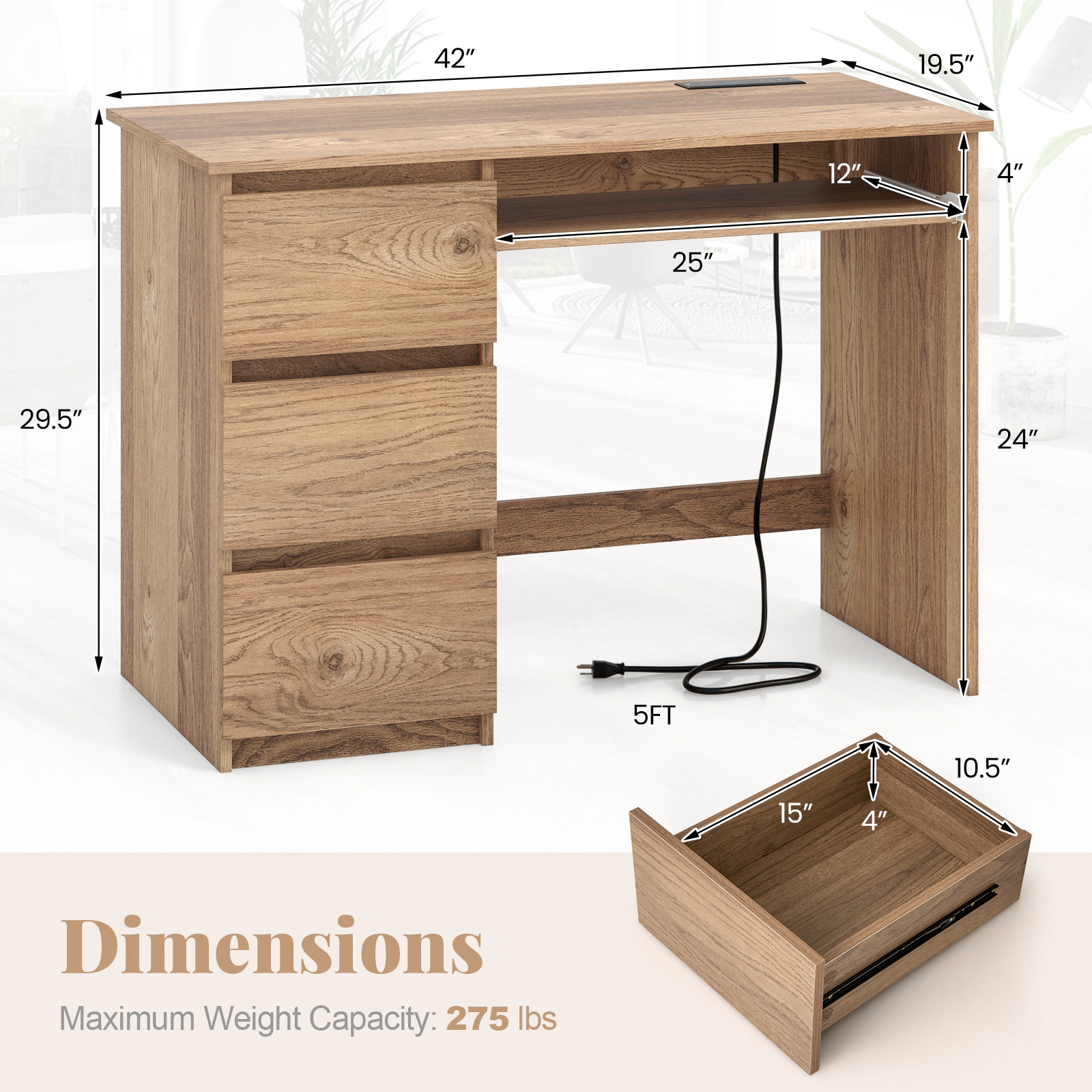 SUGIFT Natural Power Outlet Pull-Out Keyboard Tray and 3 Drawers 42 Inch Computer Desk