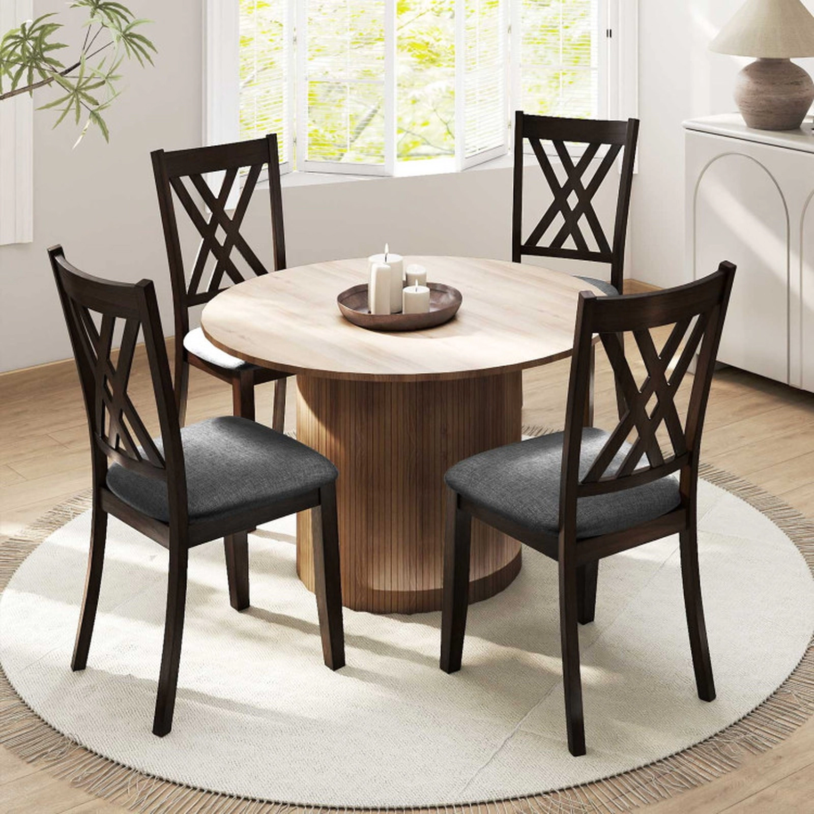 SUGIFT Gray Linen Upholstered X Back Farmhouse Rubber Wood Frame Set of 4 Dining Chairs