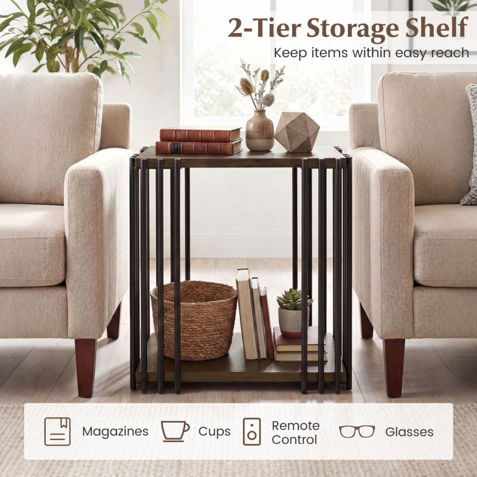SUGIFT 2-Layer Shelves and Metal Frame Set of 2 Walnut Rubber Wood Side Tables