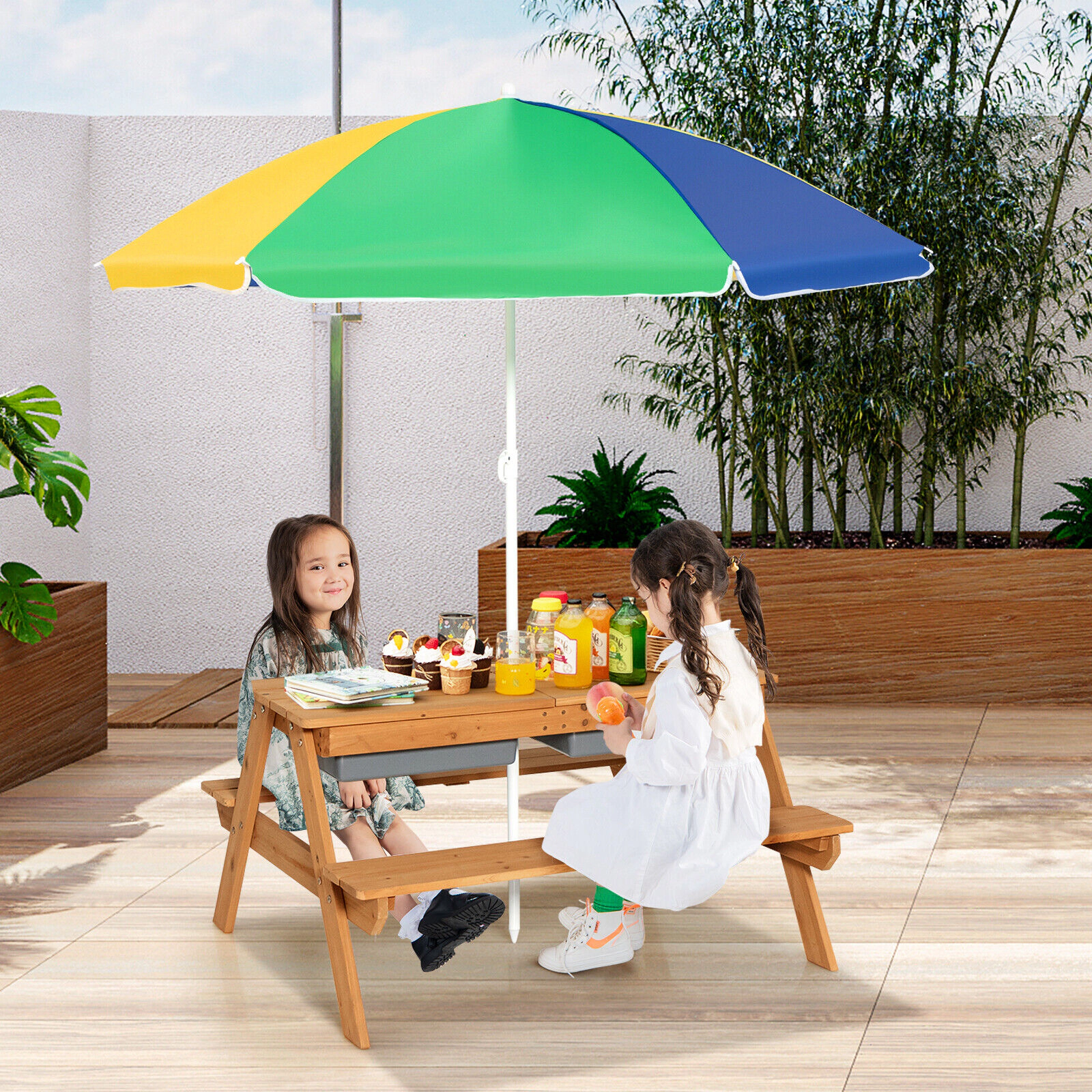 SUGIFT Umbrella and Sand Water Play Boxes Kids 3-in-1 Outdoor Fir Wood Picnic Table
