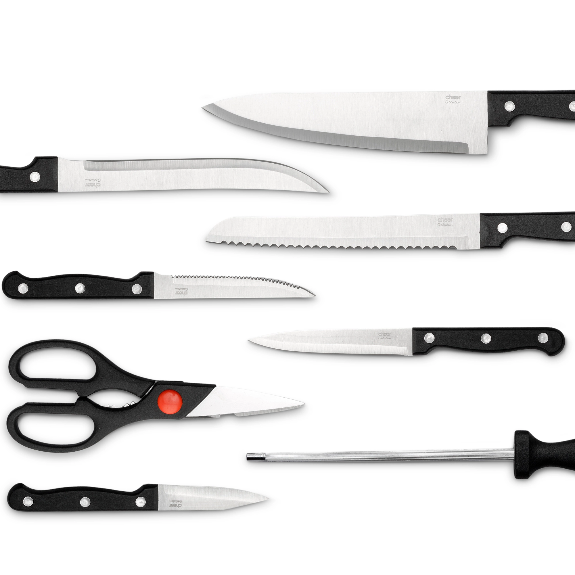Cheer Collection 14-Piece Stainless Steel Kitchen Knife Set with Wooden Storage Block