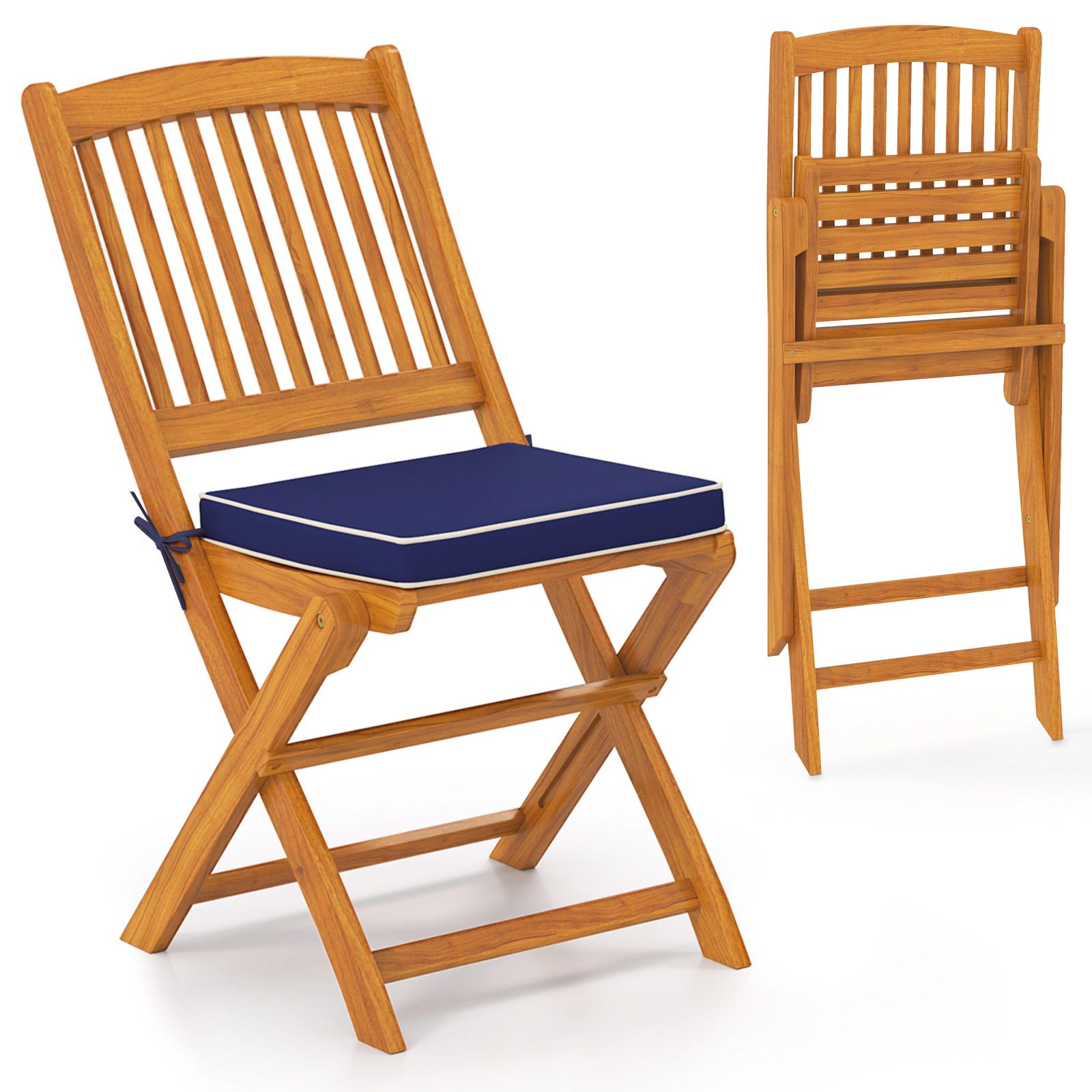 SUGIFT Set of 2 Navy Acacia Wood Folding Patio Dining Chairs with Seat Cushions and Slat Back 18.5-in W 33.5-in H