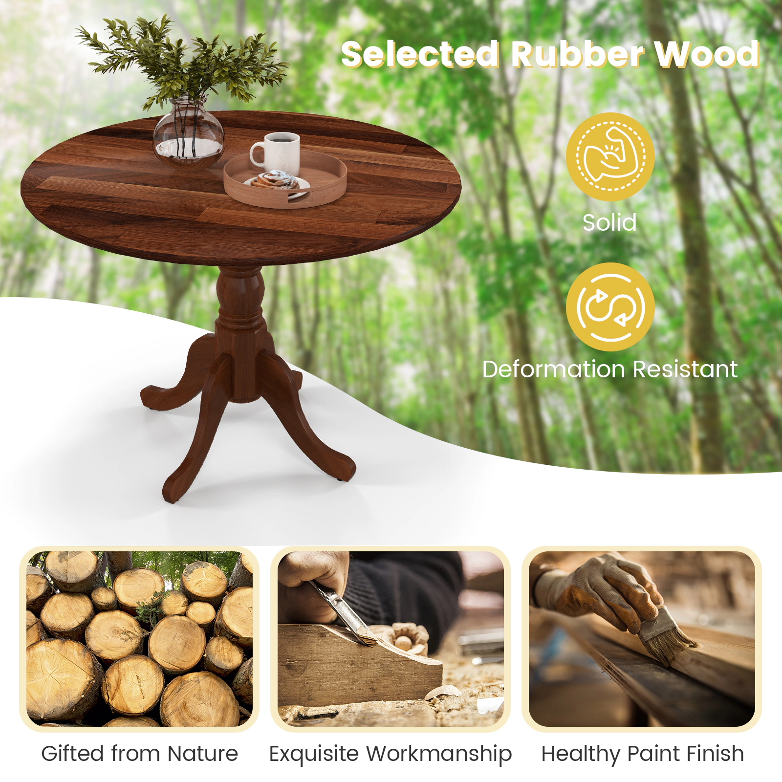 SUGIFT 39-in 220-lb Capacity Round Rubber Wood Dining Table with Curved Trestle Legs and Adjustable Foot Pads