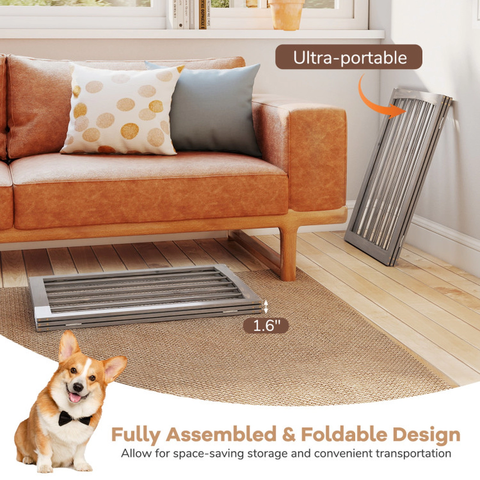 SUGIFT 30-in Tall Wooden Freestanding Pet Fence Dog Gate with 3 Rotating Panels for Cats and Small Dogs