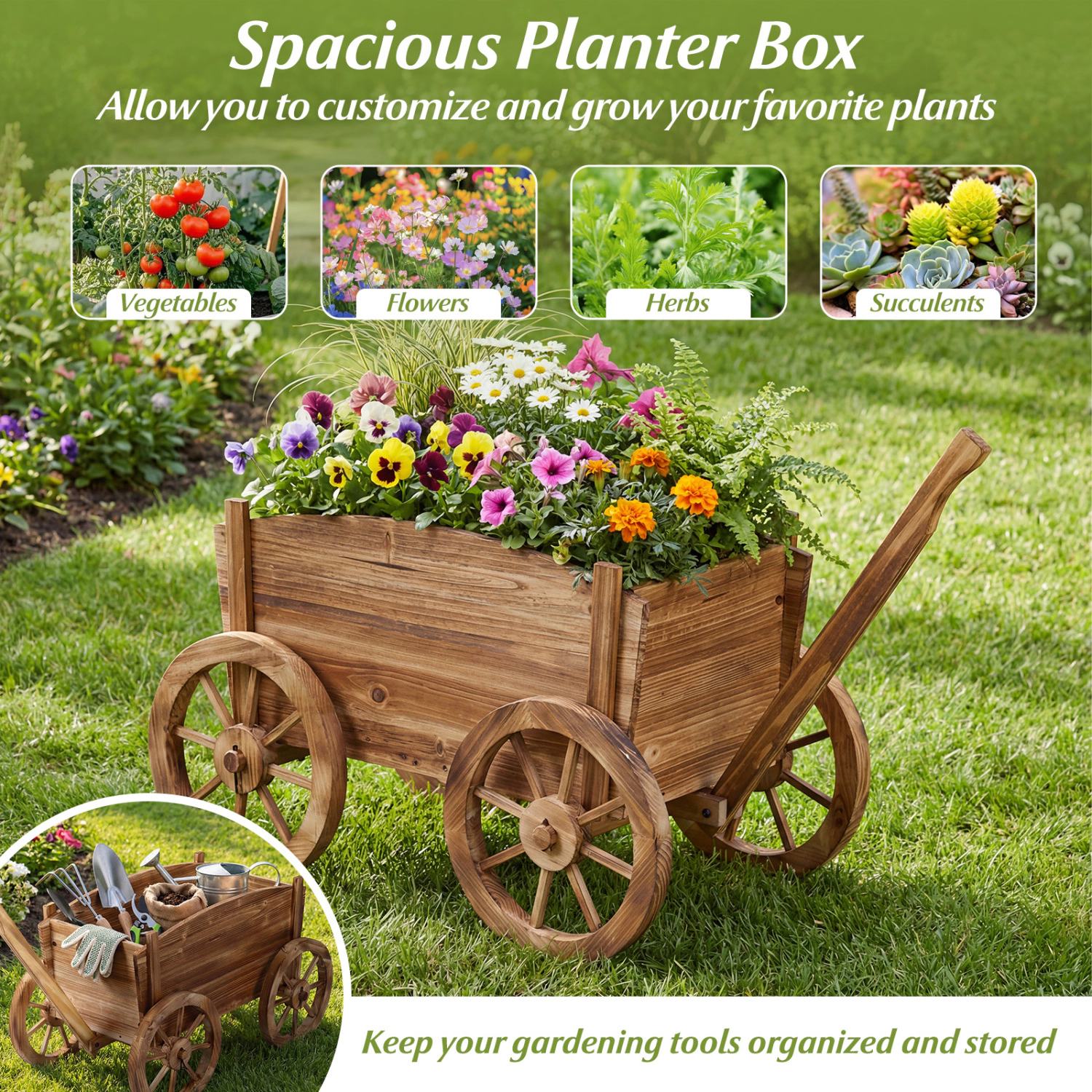 SUGIFT Coffee Wood Wagon Planter Stand with 4 Wheels and Handle 30.5-in W 18-in D 28.5-in H 44-lb Planter Capacity