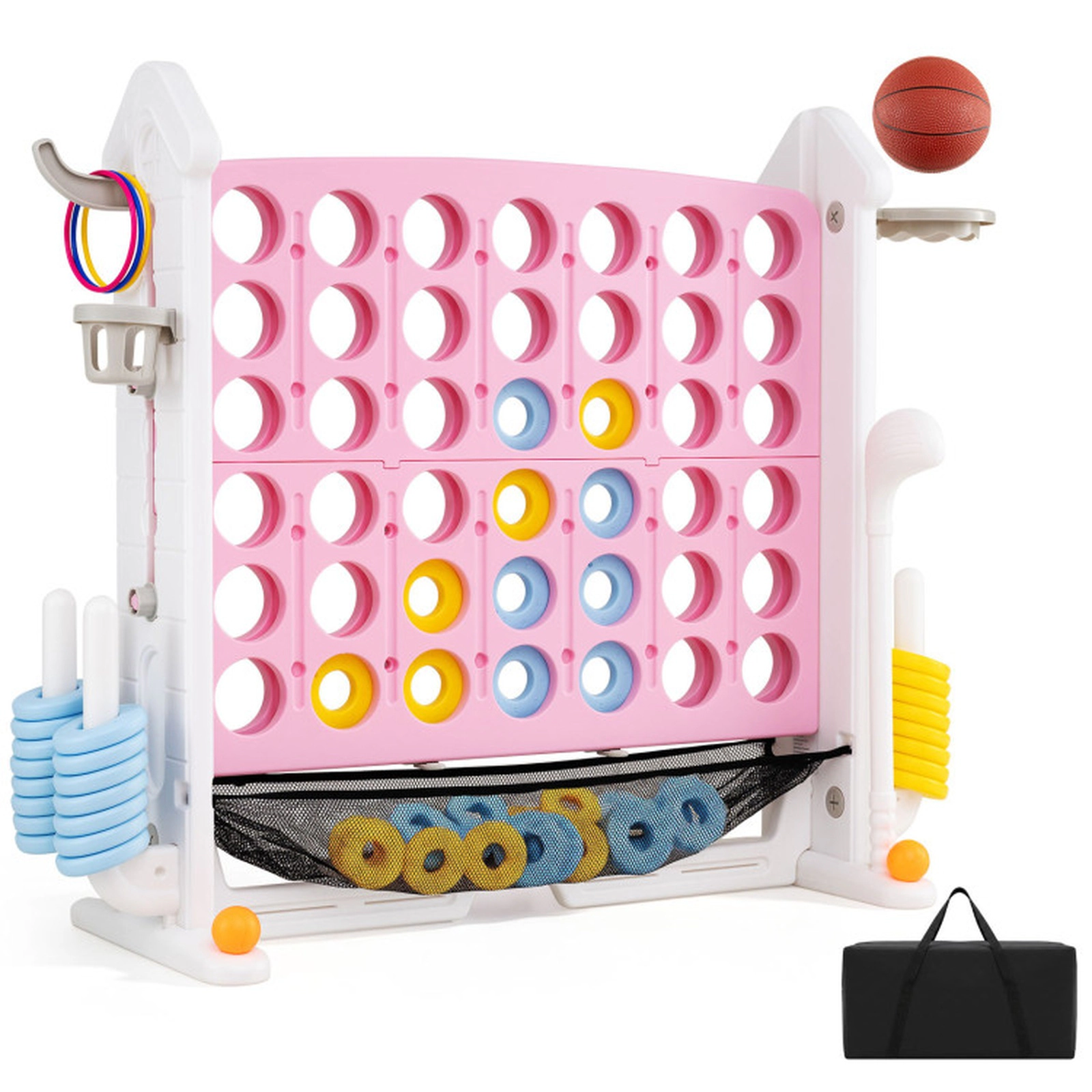 SUGIFT 4-in-1 Height Adjustable Row Connect Game with Mesh Net and Carrying Bag 32-in Tall Frame Pink