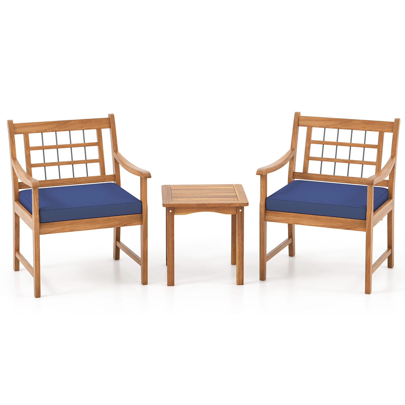 SUGIFT 3 Piece Acacia Wood Patio Conversation Set Seat Cushions & Coffee Table 400-lb Chairs Natural Frame Navy Cushions