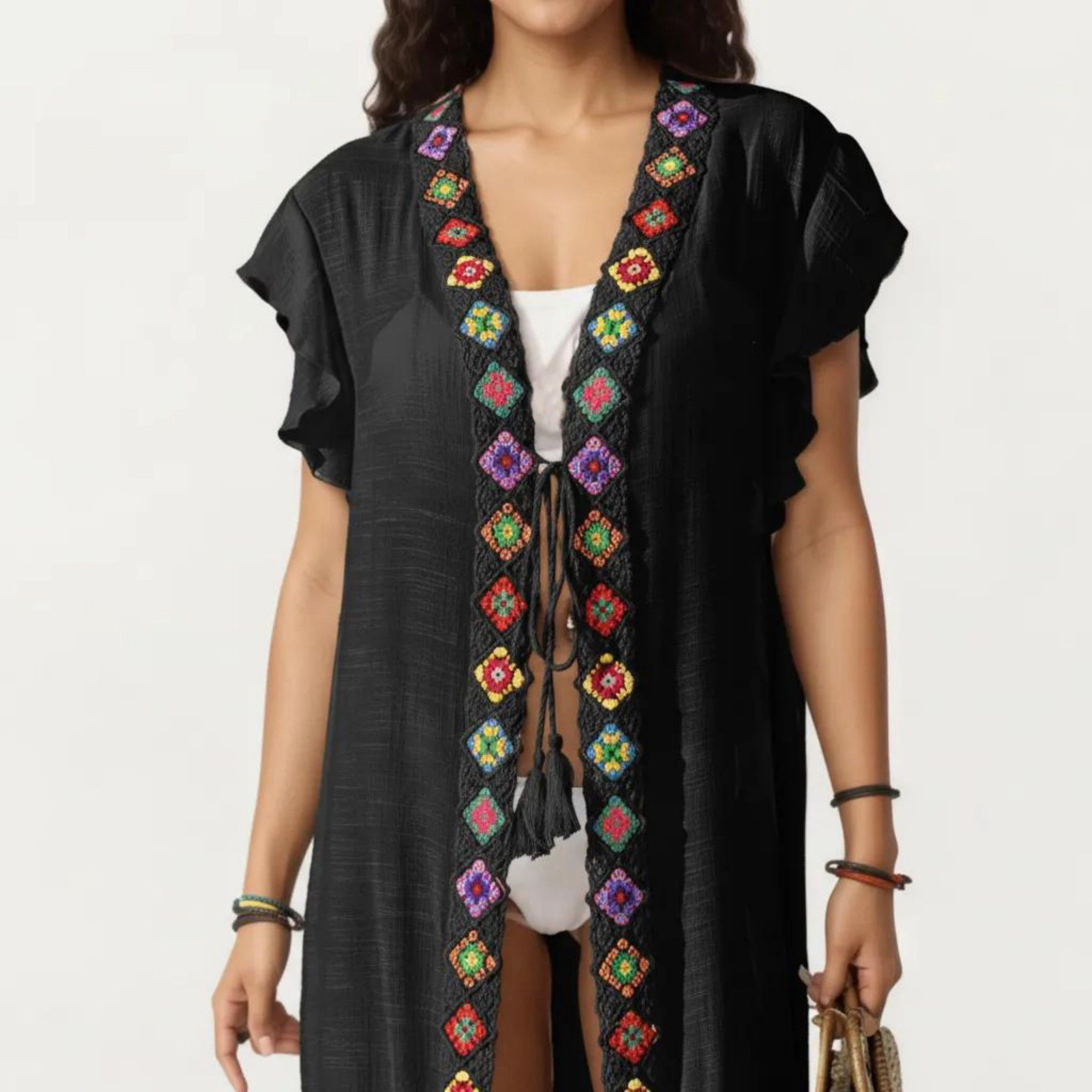 Anna-Kaci Women's Embroidered Open Front Swim Cover Up Kimono Midi Tassel Tie Detail Beach Cardigan