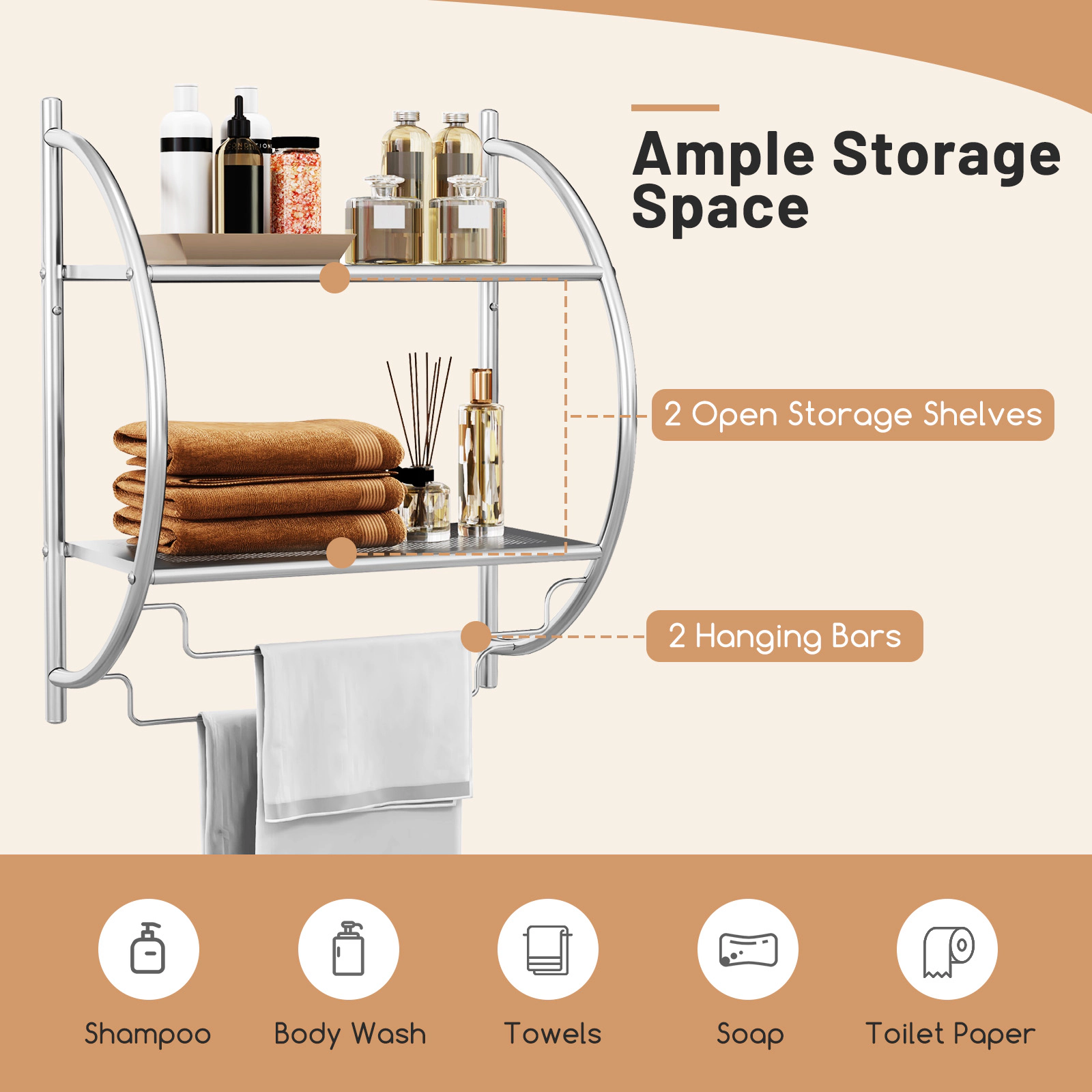 SUGIFT Wall Mounted 2-Tier Bathroom Towel Rack 2 Mesh Shelves 2 Towel Bars Rustproof Metal 18 x 10 x 22-in Silver