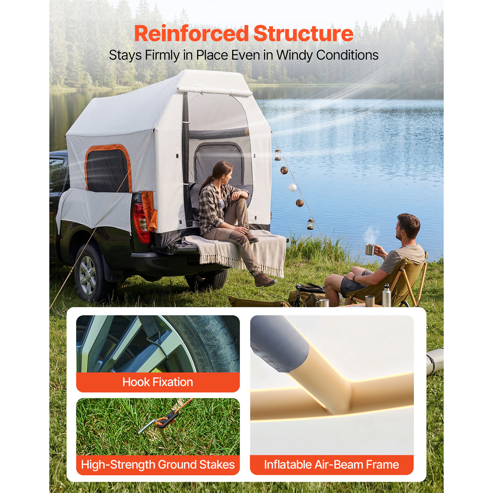 HONGGE Inflatable Truck Bed Tent, 7.2x5.4 ft PU2000 Waterproof Camping Tent for 2-3 Person, with Air Pump & Mesh Windows