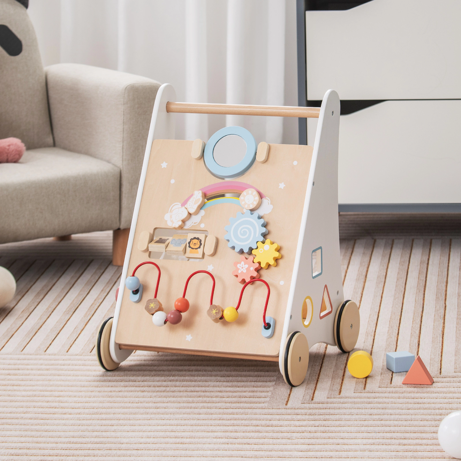 Wooden Baby Push Walker with Activity Center Rubberized Quiet Wheels and Rear Storage Basket in White