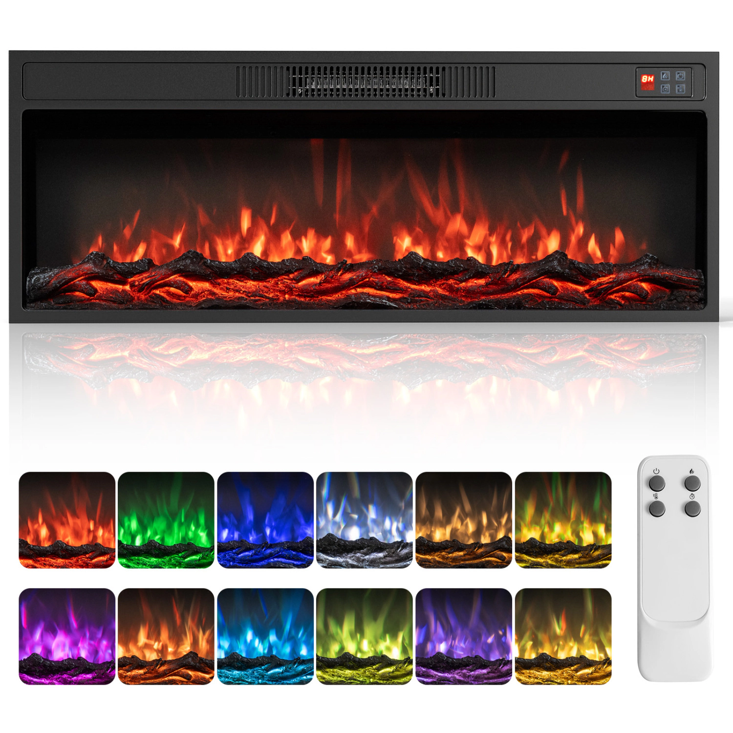 LJG Recessed Electric Fireplace Heater with Adjustable Flame Colors & Brightness