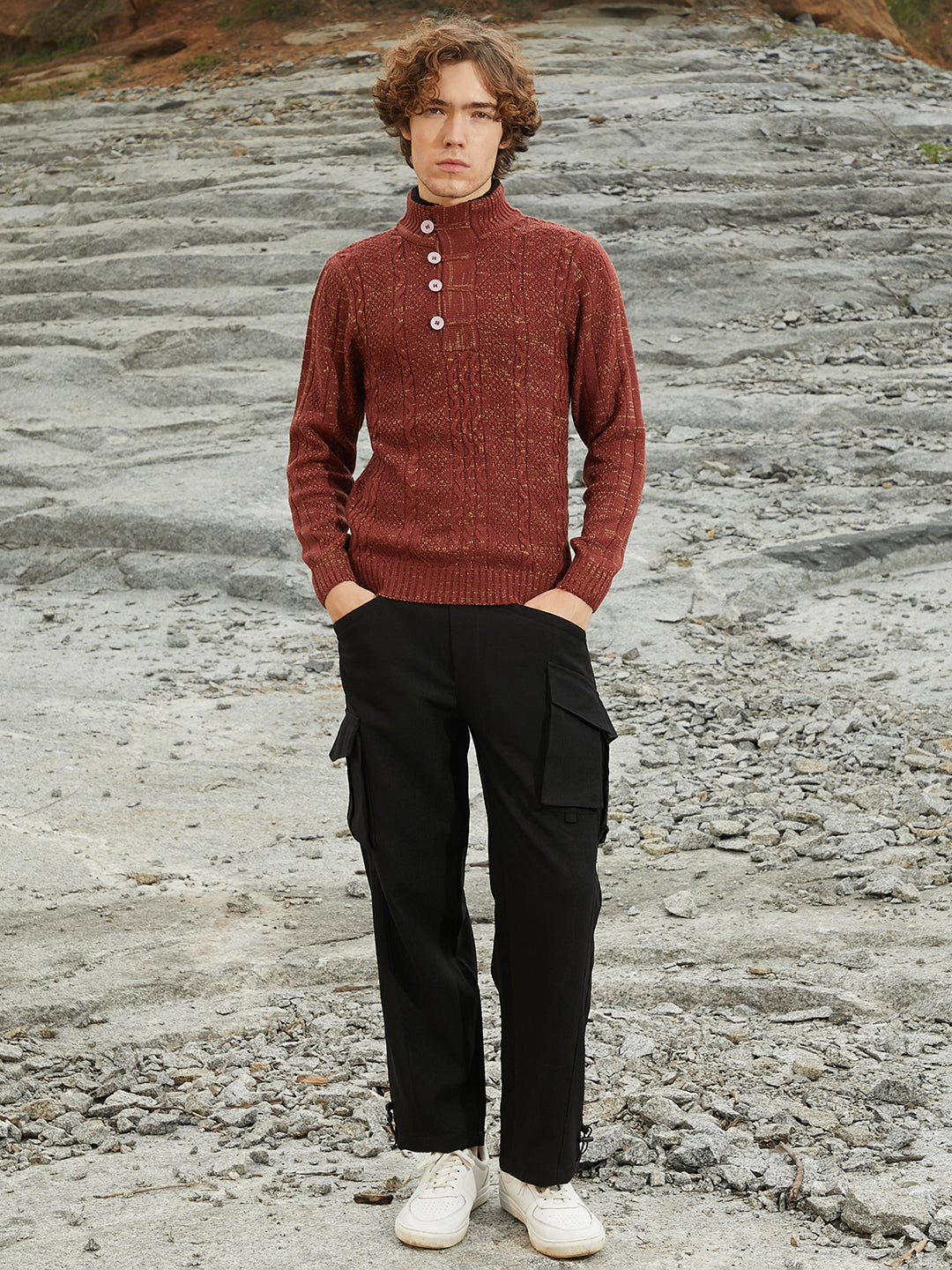 Campus Sutra Heathered Cable-Knit Sweater - Stand Collar, Long Sleeve, Brown