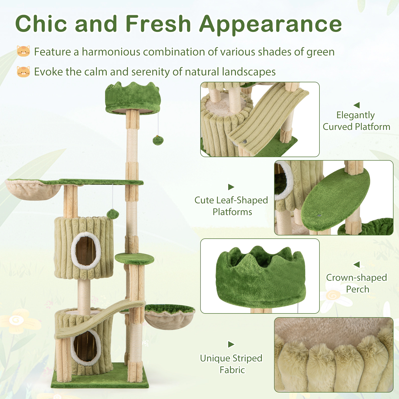 Glintex 63-Inch Striped Cat Tower with 2 Condos 2 Hammocks and Crown Perch, Green