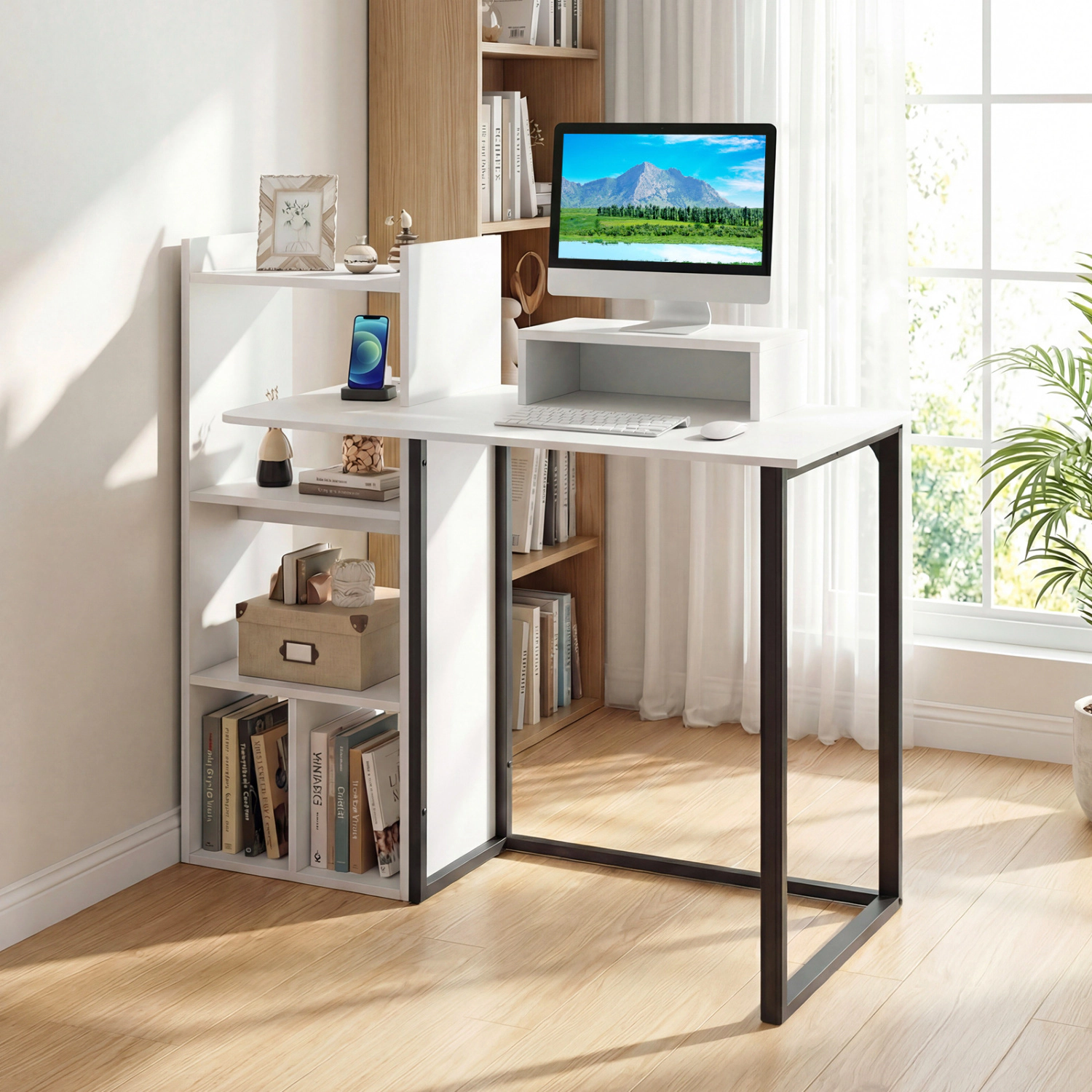 LJG 43.5" Computer Desk with Charging Station and Ergonomic Monitor Stand