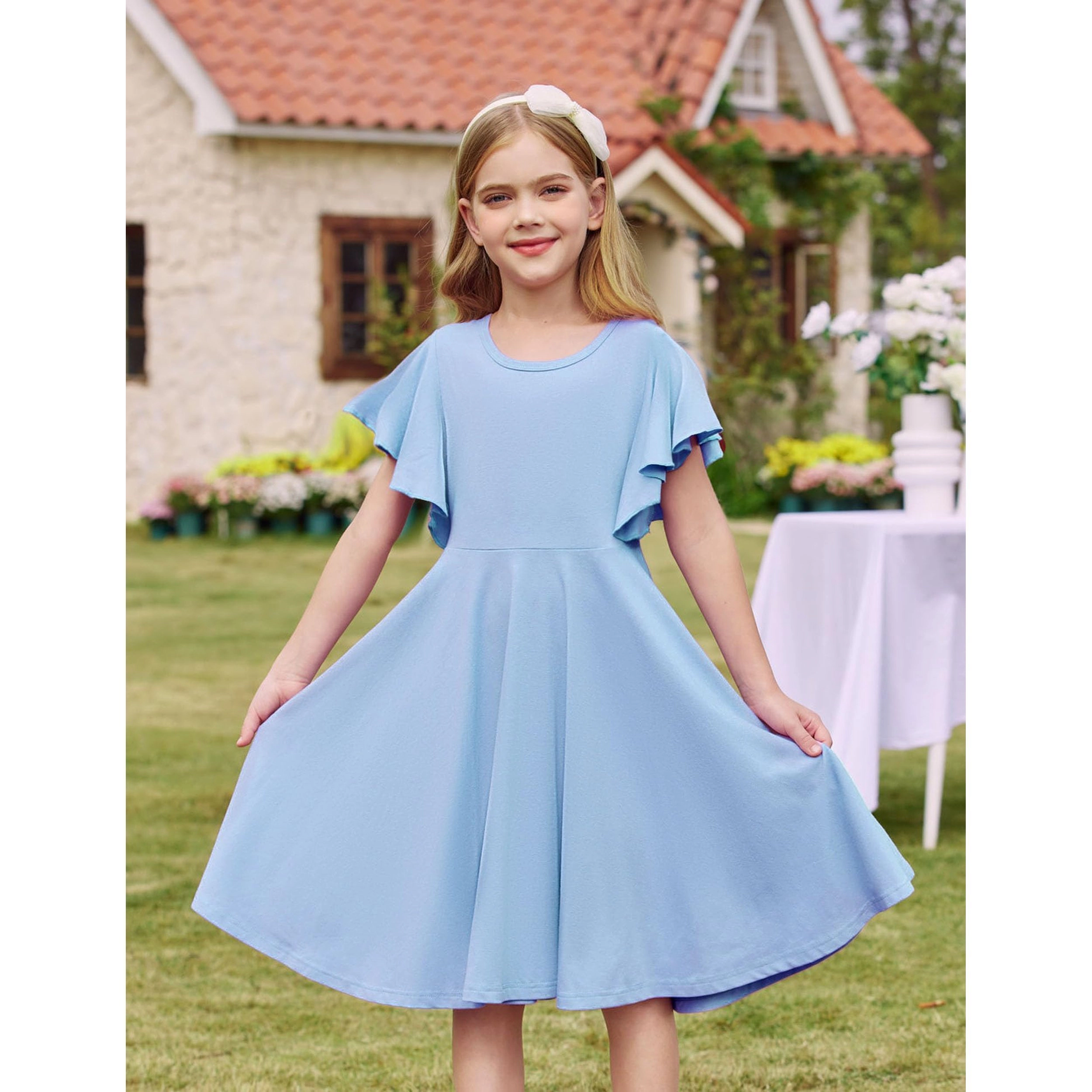 Arshiner Girl Summer Dresses Ruffle Short Sleeve Swing Flowy Midi Casual Sundress With Pockets