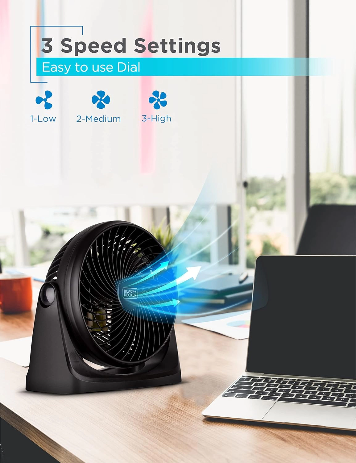 Black+Decker Turbo Portable Desk Fan, 3-Speed, 90° Tilt, 7-Inch, Black