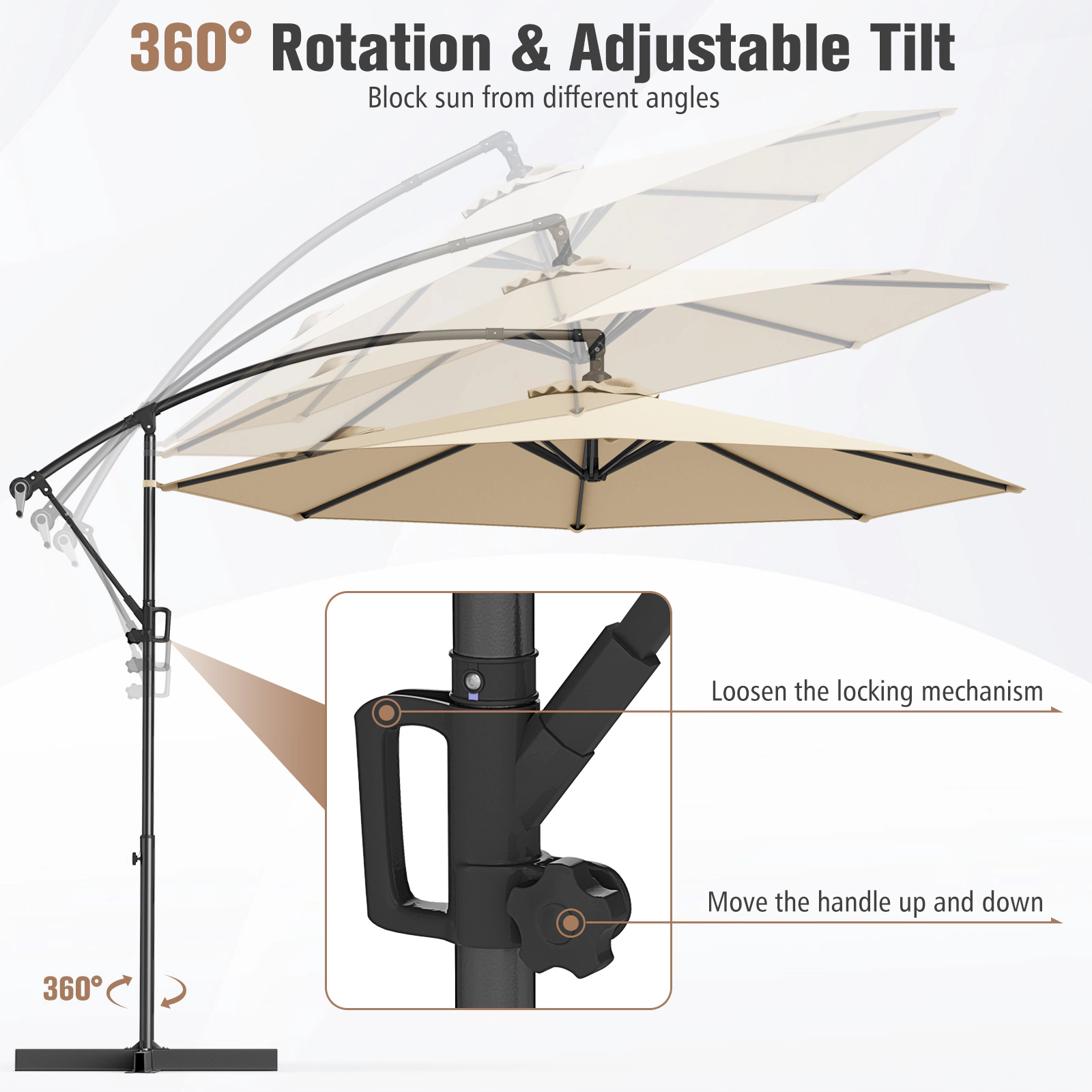SUGIFT 10-ft Beige Offset Hanging Patio Umbrella with Infinite Tilt 360-Degree Rotation and 8 Metal Ribs