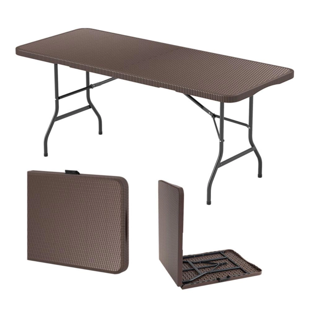 Hivvago 6 Ft Portable Folding Table With Rattan-Like Hdpe Tabletop And Safe Lock Mechanism-Brown