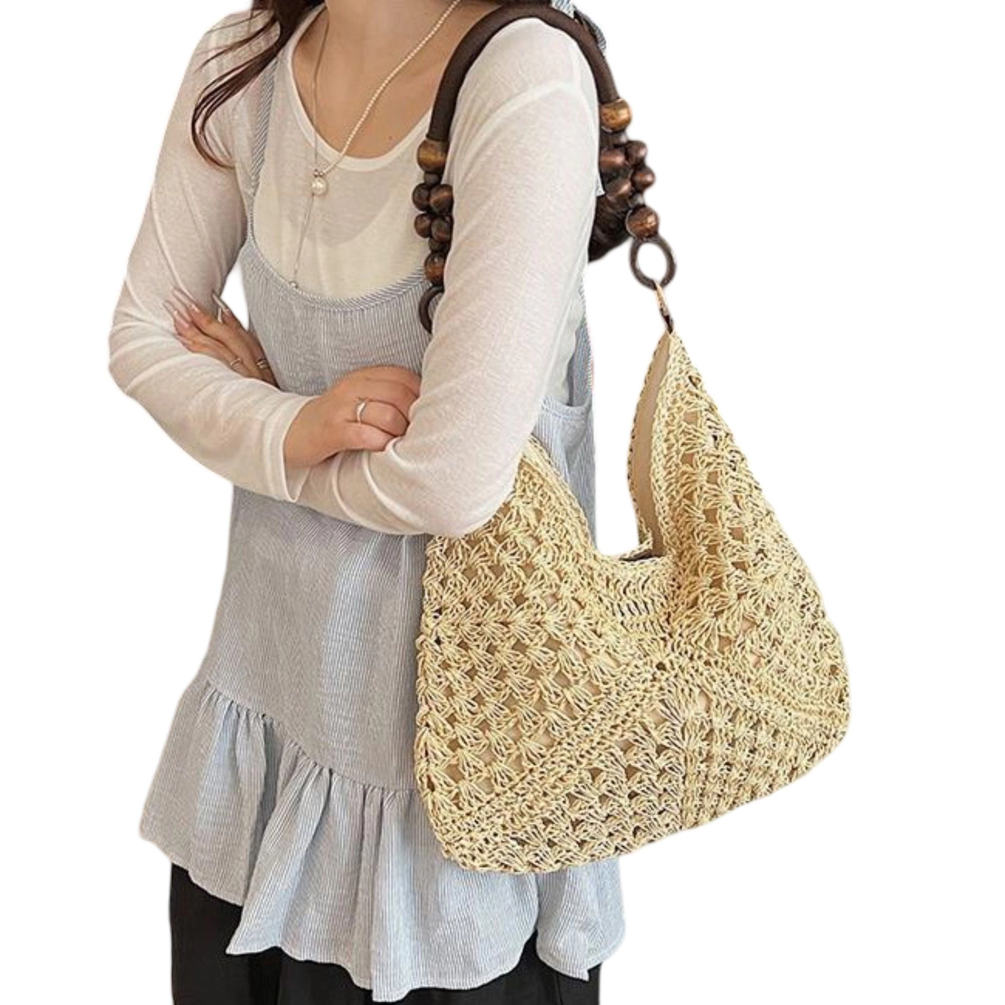 Alilang Women's Woven Straw Hobo Bag with Wooden Handle Bead Accents and Spacious Interior