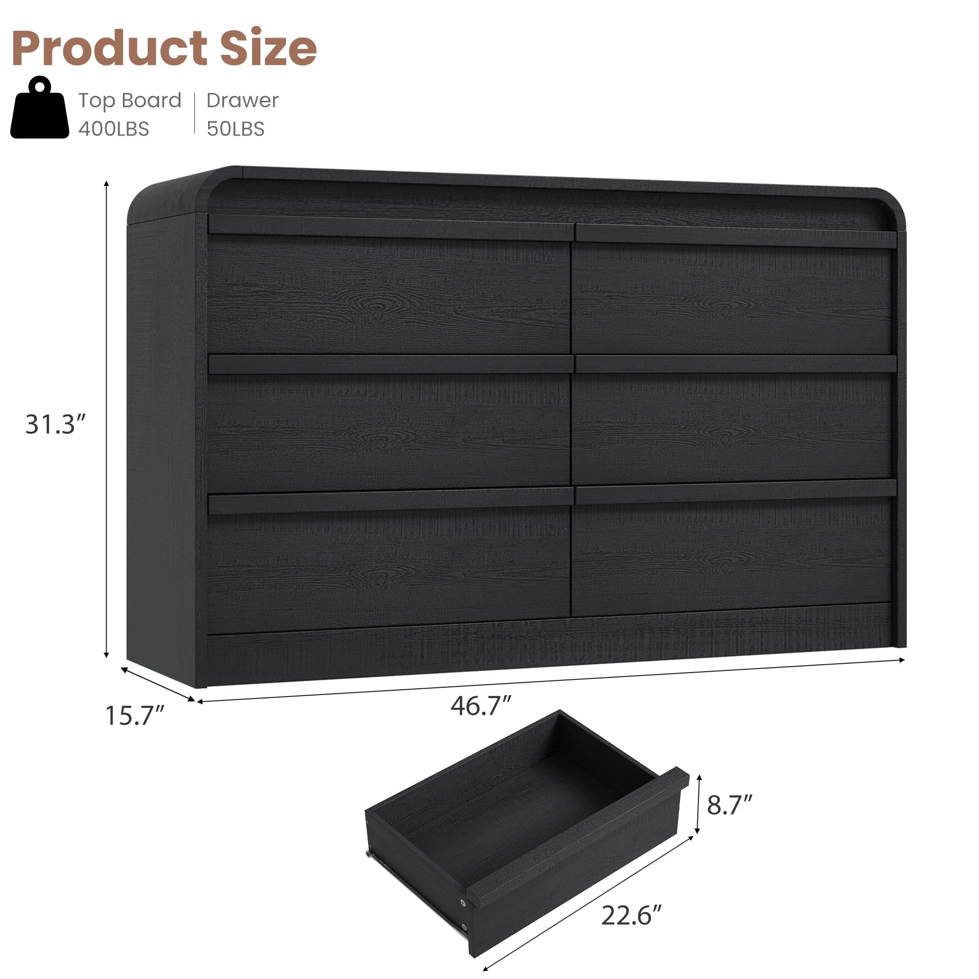 Arched 6 Drawer White Dresser, Modern Wood Storage Chest with Curved Design
