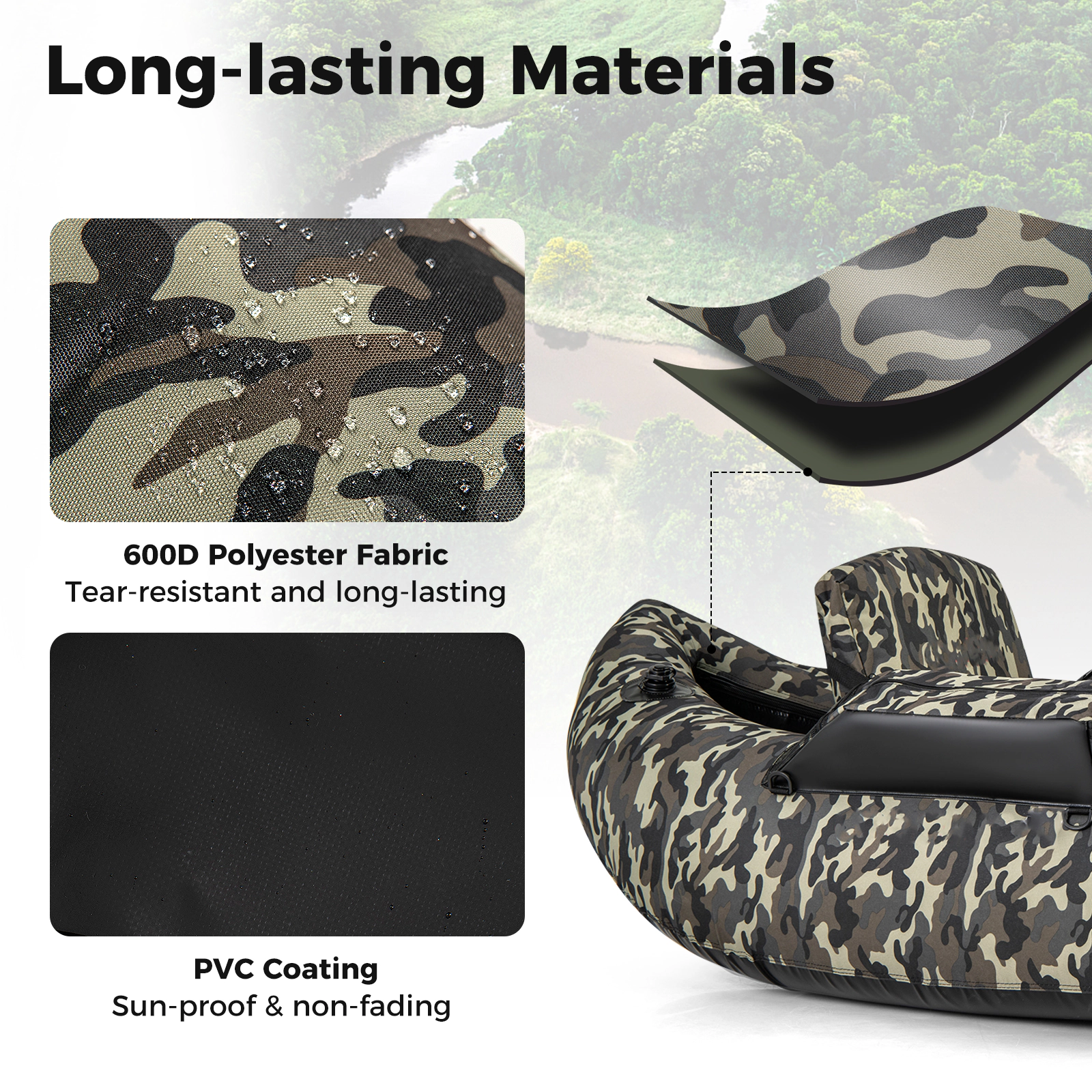SUGIFT Adult Camouflage Fishing Float Tube with Adjustable Backrest and Carry Straps 59-in W 350-lb Load Capacity
