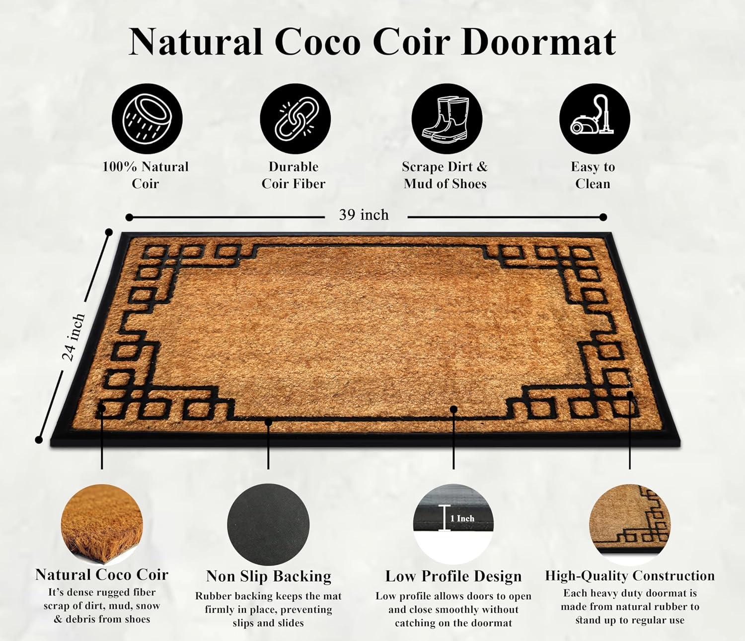 A1HC Coir and Rubber Door Mat 24x39 Inches Heavy Duty Non-Slip Dirt-Trapping Plain Key Greek