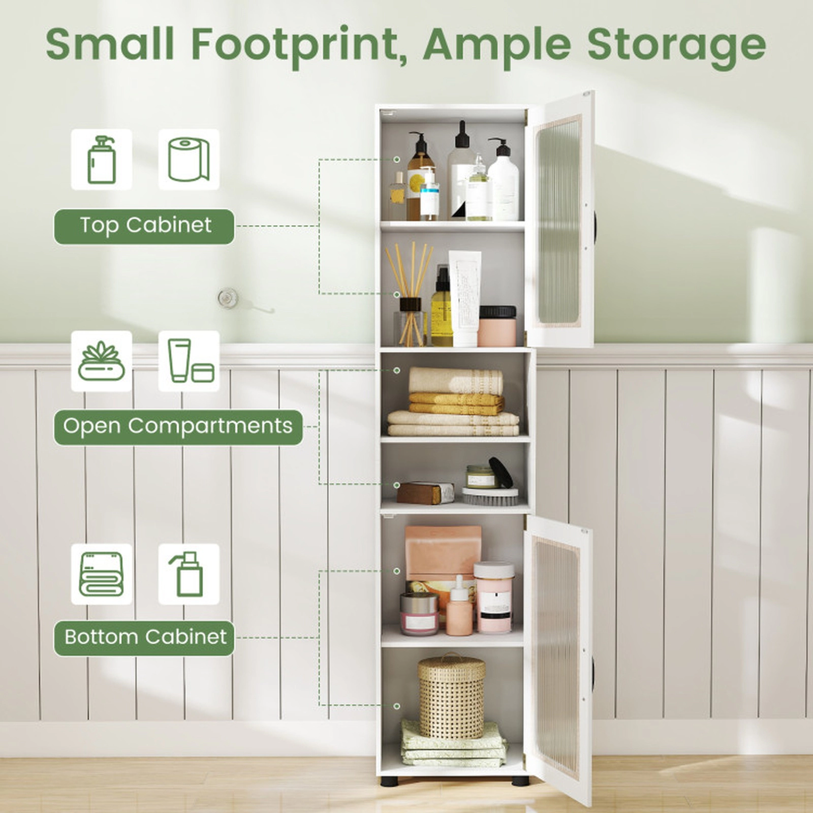 SUGIFT White 155-lb Capacity 67-in Tall Freestanding Bathroom Storage Cabinet with Fluted Doors and Open Shelves
