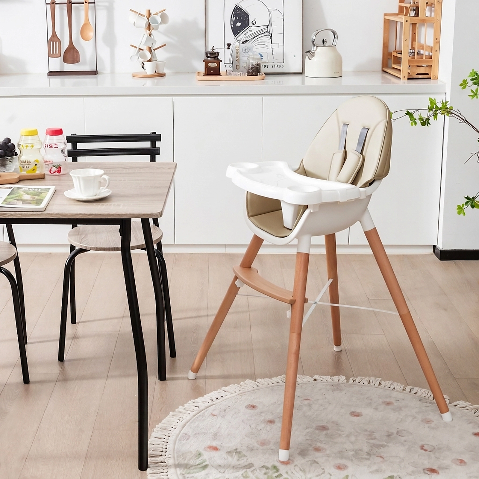 SUGIFT Beige 4-Level Adjustable Dishwasher Safe Tray and Beech Wood Legs Baby High Chair