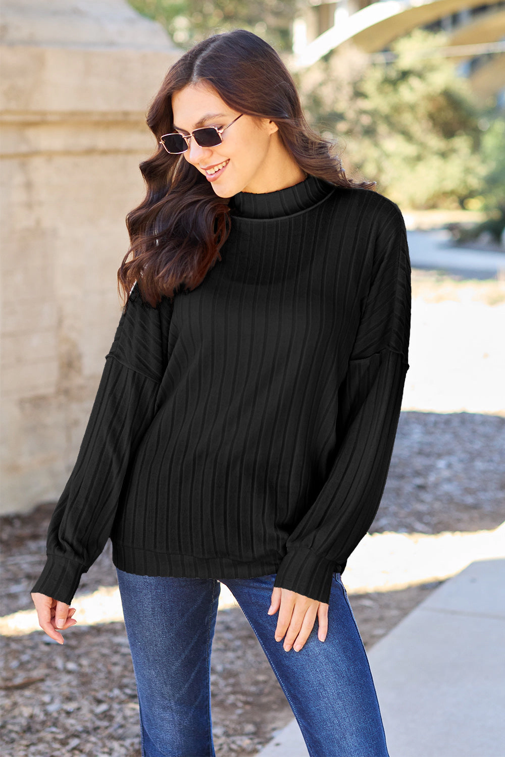 TRUEDAMES Women Basic Bae Full Size Ribbed Exposed Seam Mock Neck Knit Top