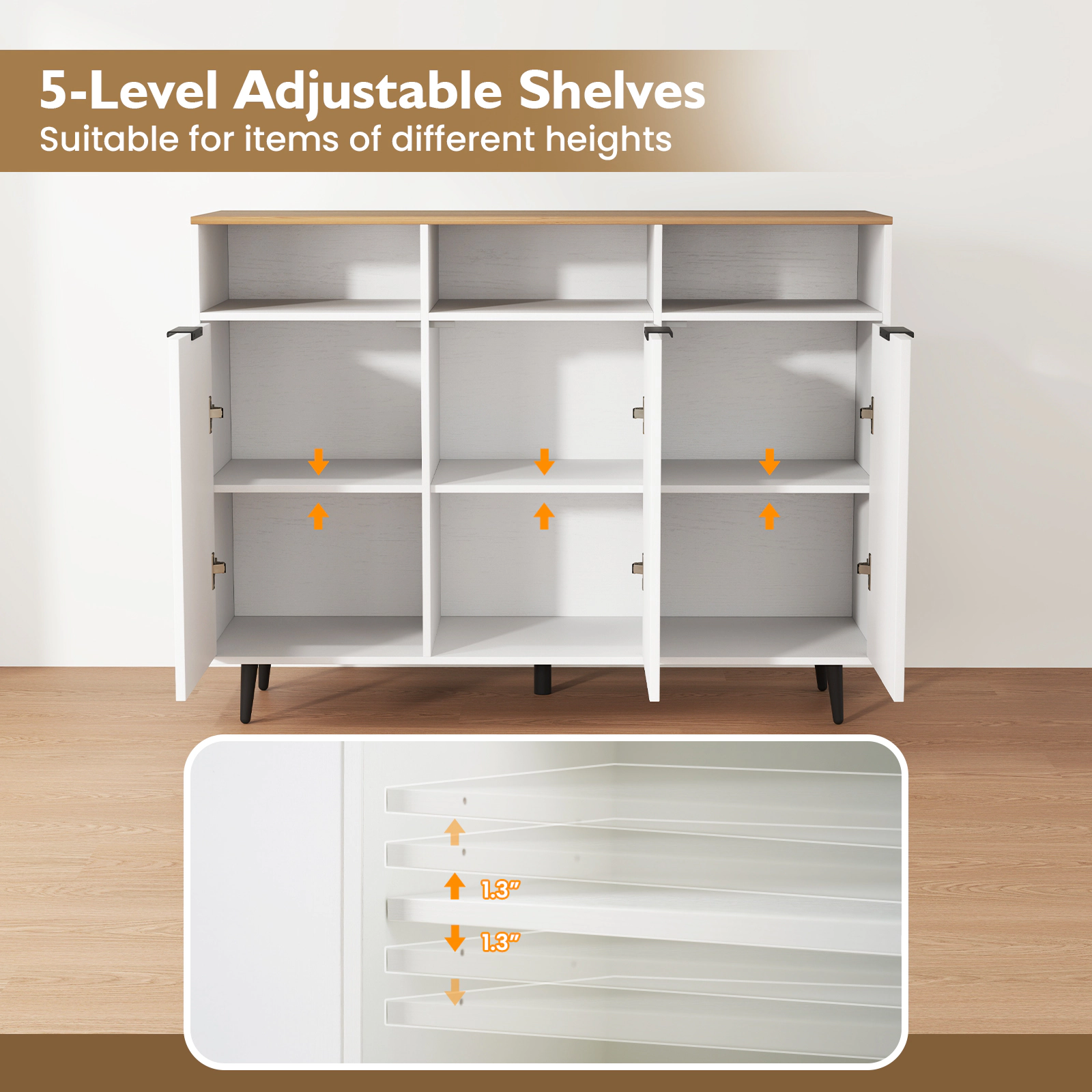 Glintex 47-Inch Sideboard with 3 Cabinets and 3 Open Compartments, White + Natural + Black