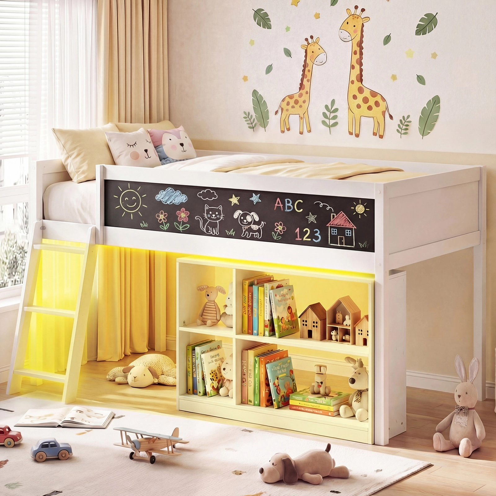 SUGIFT Twin Low Loft Bed with RGB LED Lights, Rolling Bookcase and Chalkboard, White