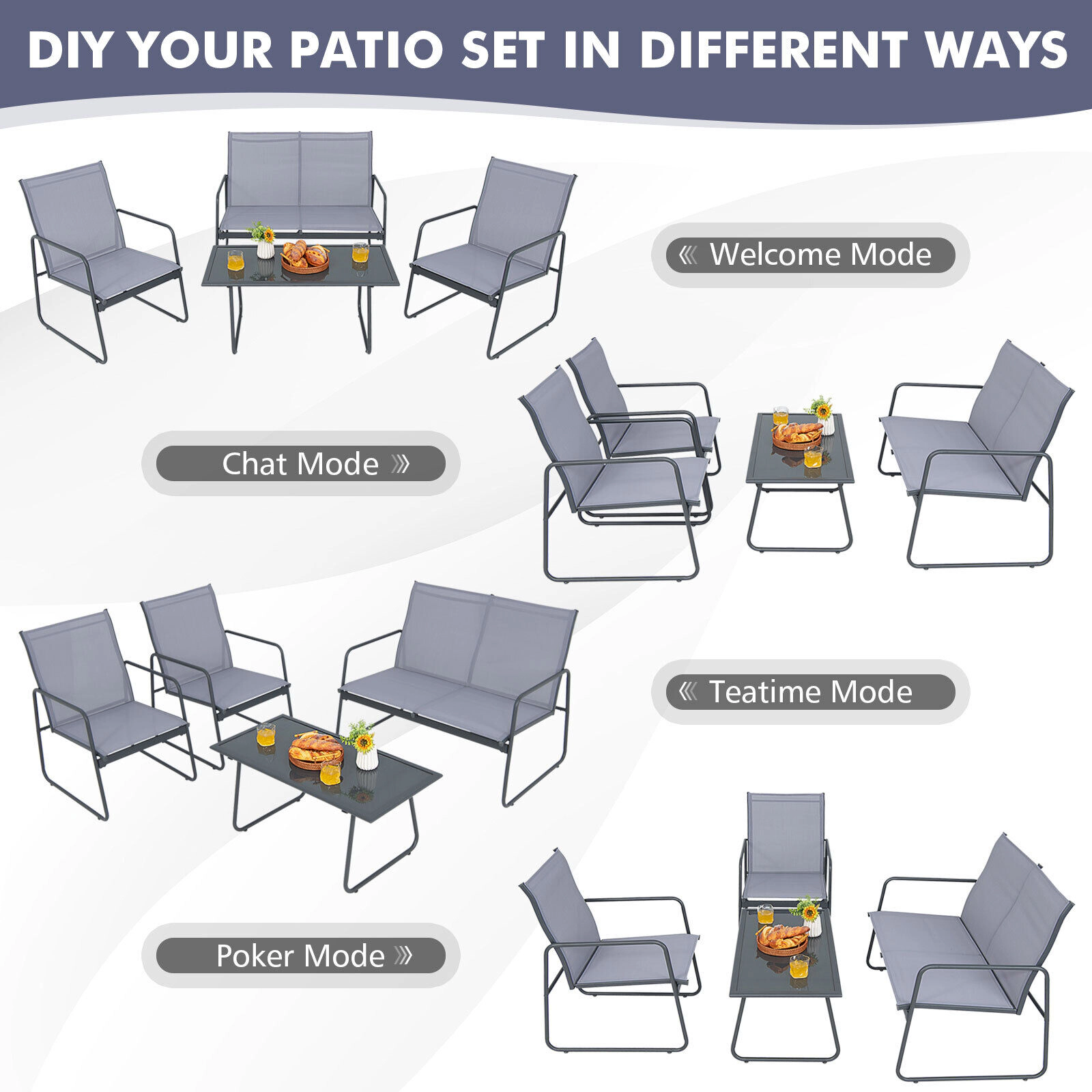SUGIFT Tempered Glass Coffee Table and Loveseat 4-Piece Gray Metal Patio Chat Set