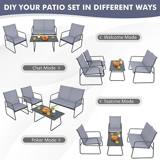 SUGIFT Tempered Glass Coffee Table and Loveseat 4-Piece Gray Metal Patio Chat Set