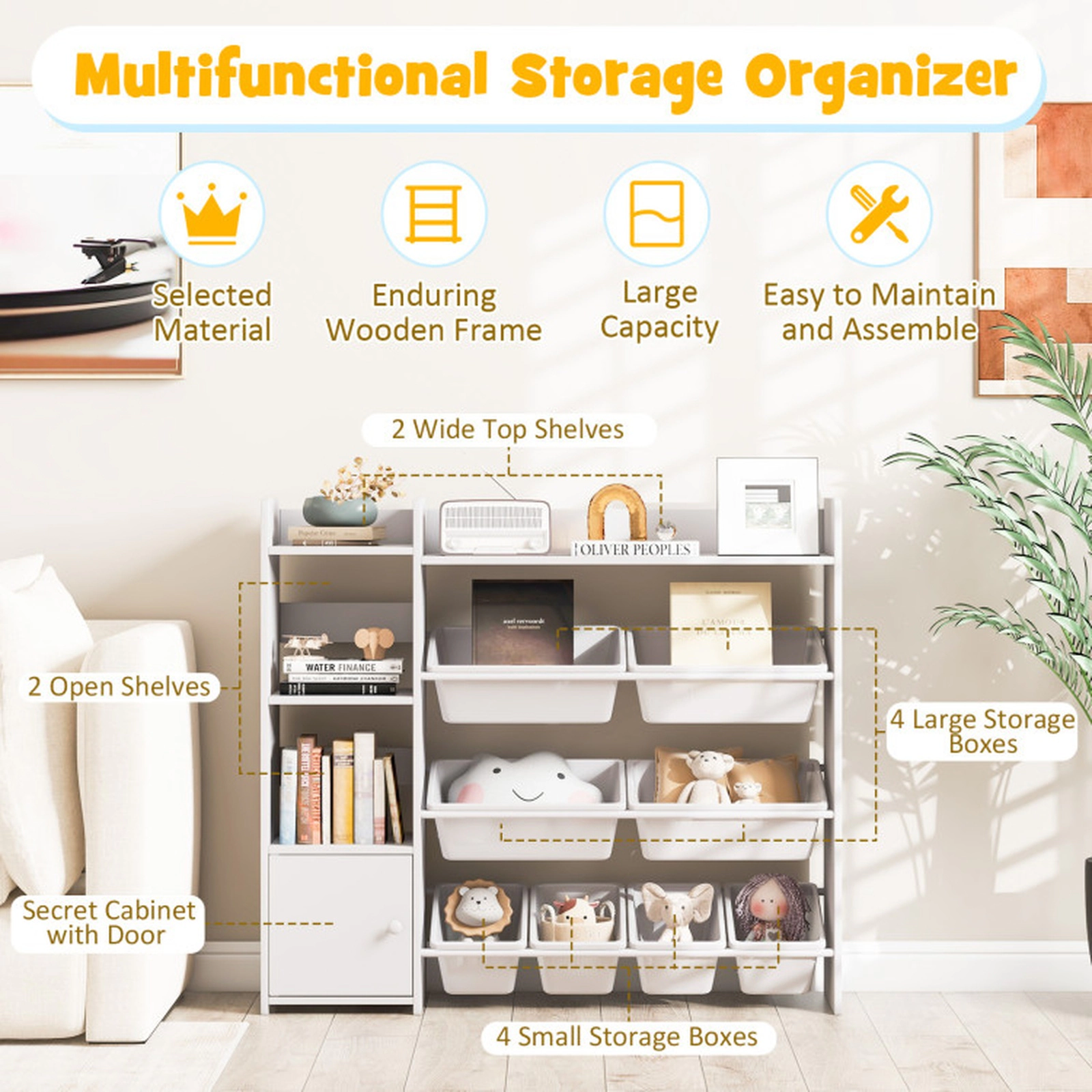 SUGIFT 4-Tier 265-lb Capacity Kids Toy Storage Organizer and Bookshelf with 8 Removable Bins and Door Cabinet