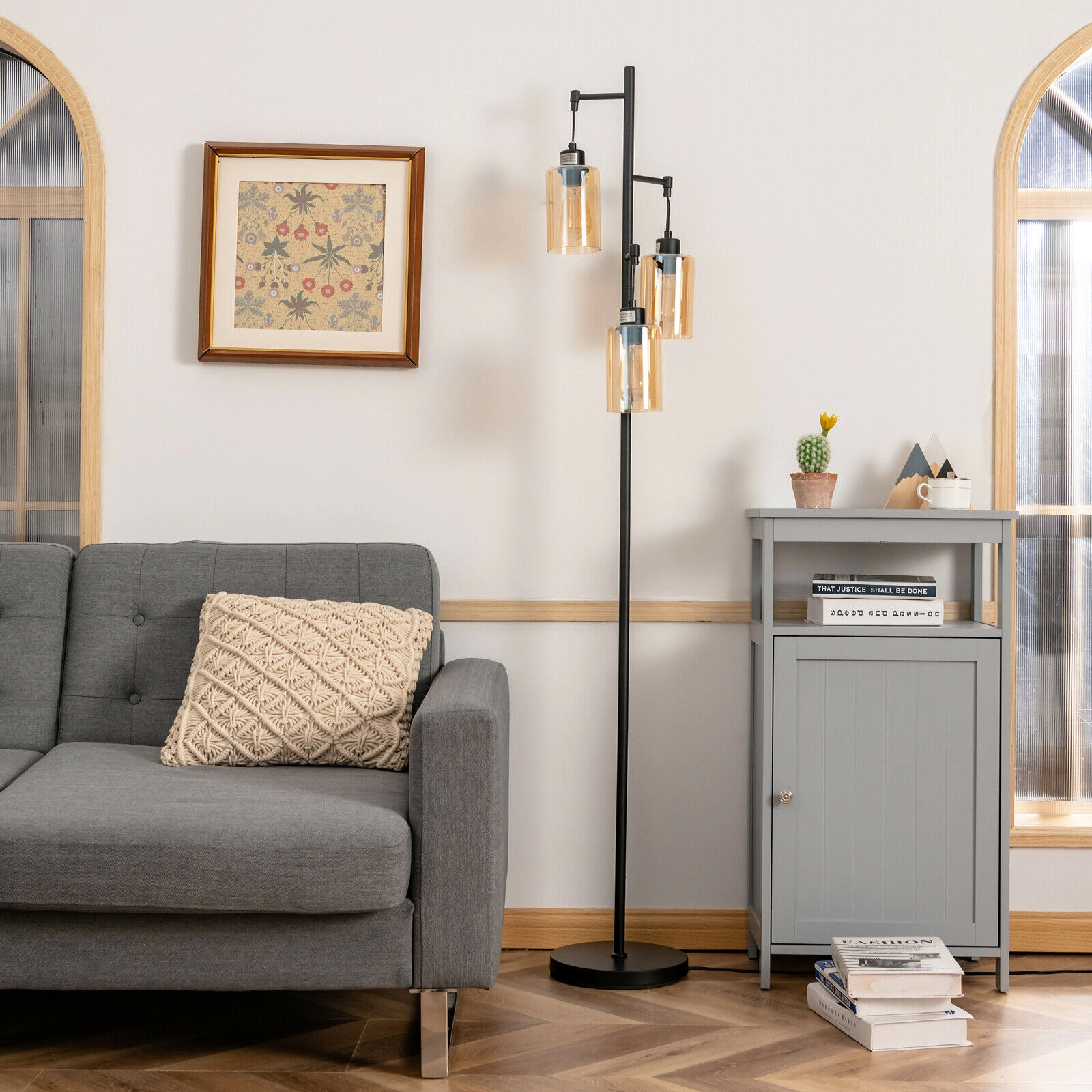 SlickBlue 3 Head Retro Floor Lamp with Hanging Amber Glass Shades