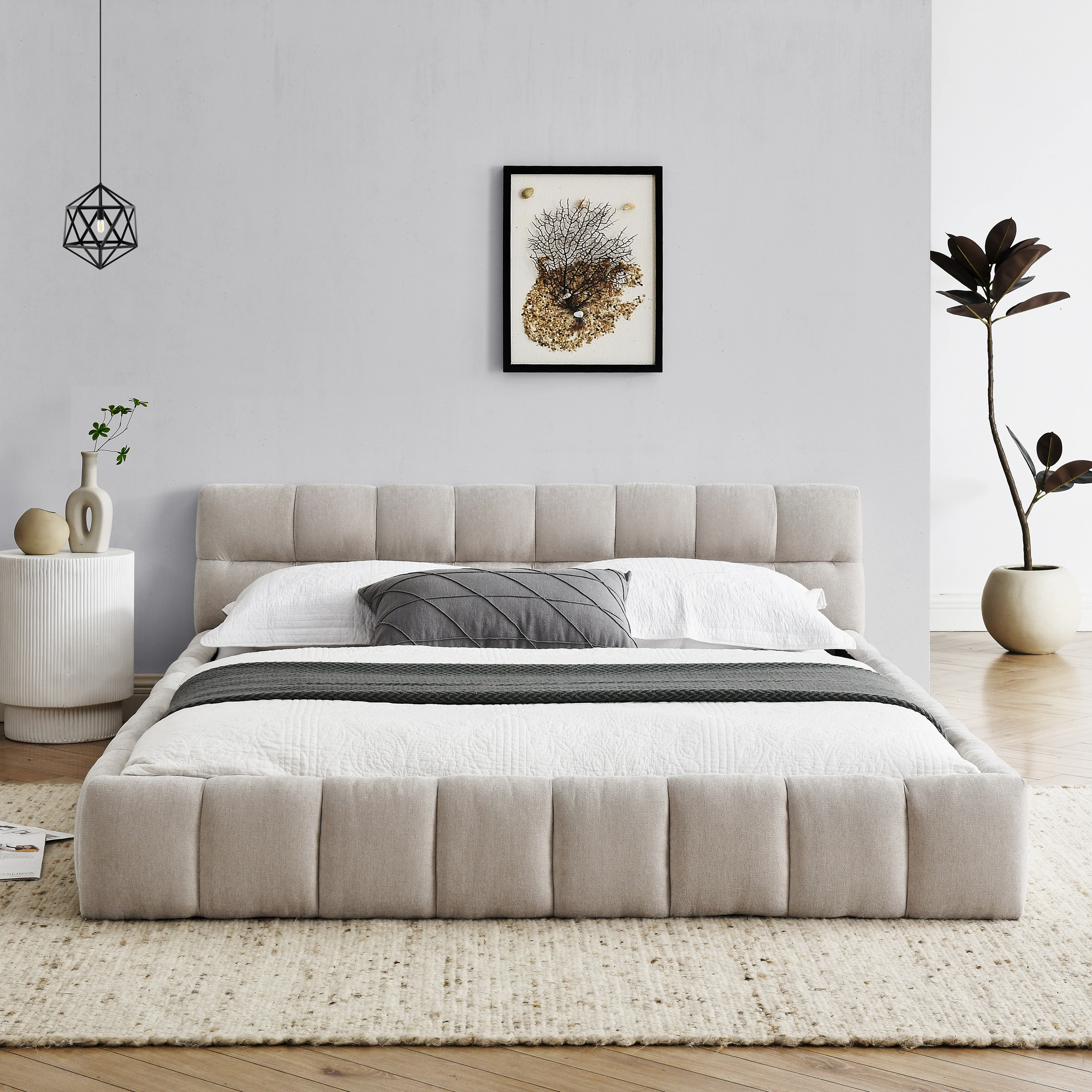 Flynama Queen Upholstered Platform Bed, Chenille Fabric with Headboard, Beige