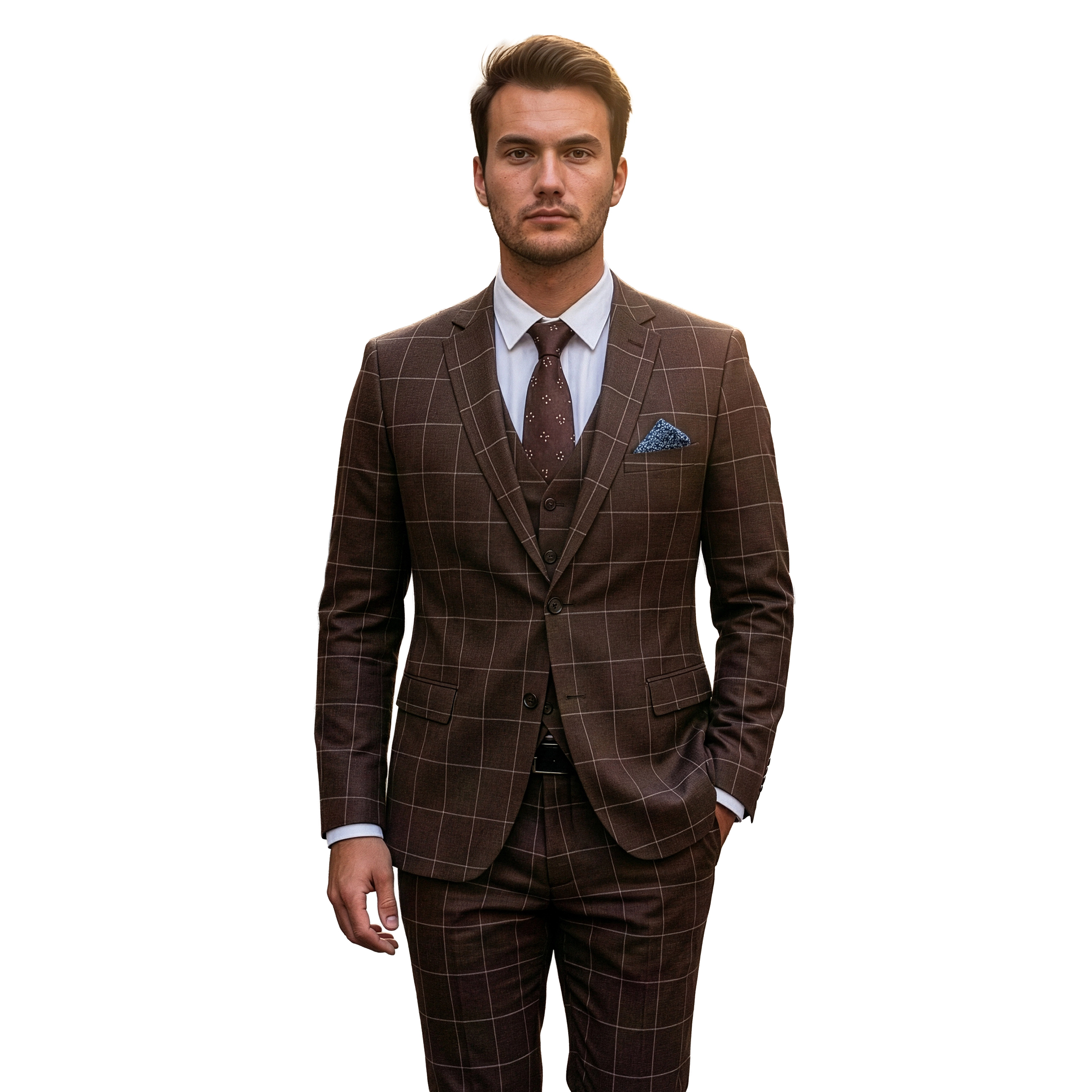 Sean Alexander Mens Skinny Fit Windowpane 3 Piece Suit Set